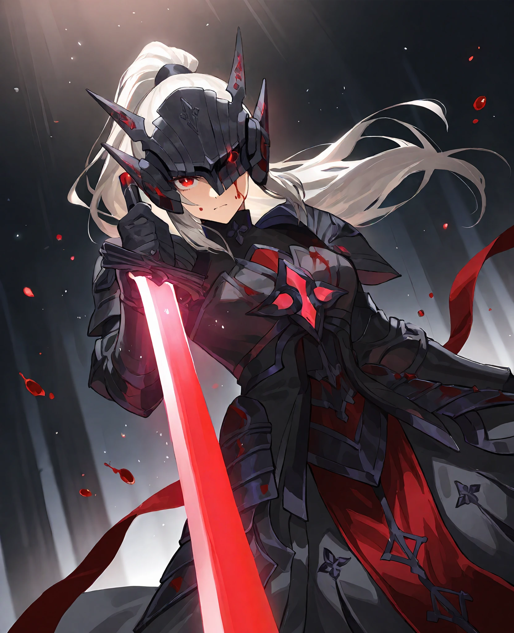 zPDXL3,score_9,score_8_up,score_7_up,source_anime,rating_safe BREAK masterpiece,highres,best quality,high quality,dramatic angle,cinematic lighting,1girl,<lora:ShadowverseHolySaber_Noob05_V1:1>,silver hair,red eyes,ponytail,holding sword,serious,headgear,hair ornament,black armor,red and black dress,ribbon,glowing particles,glowing weapon,depth of field,(artoria pendragon \(alter\):0.22),dynamic angle,blood on face,flames,helmet,red lightsaber,one eye covered,