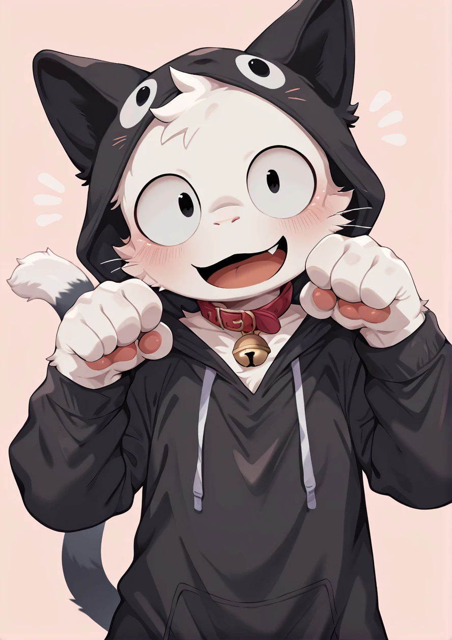 masterpiece, best quality, good quality,1boy,solo,furry boy,round eyes,sanpaku,furry,white fur cat,black cat costume,cat ears,white cat tails,cat collar,pink background,simple background,cat pose,cute smile,fang,blush,<lora:ããããwaryusya_IL7_128:1.1>