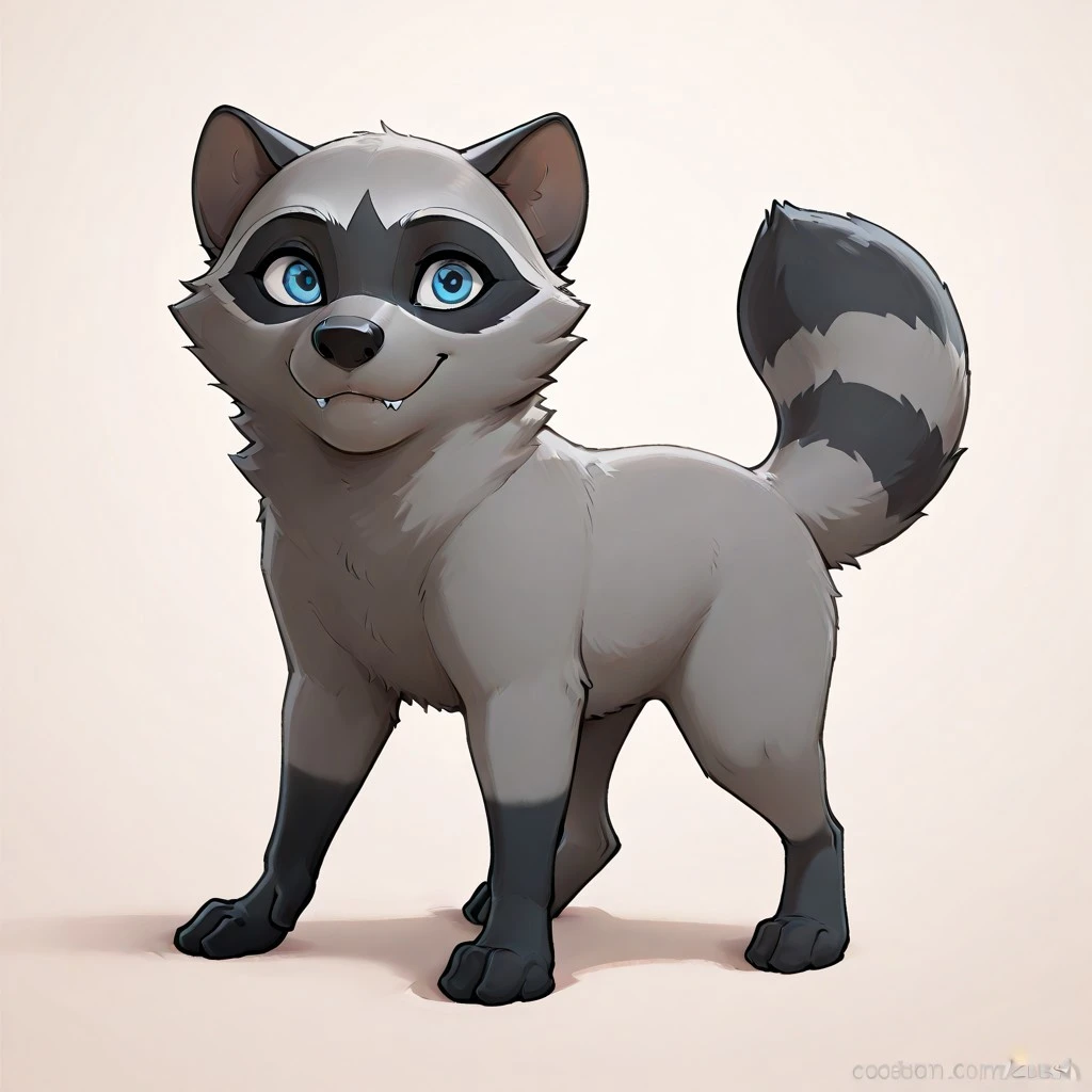 1girl, highres, absurdres, newest, masterpiece, best quality, zaush, simple background, solo, flat lighting, animal, front view, (coco, grey raccoon, feral, feral body, cute, fluffy face, fluffy tail, grey feet, black hands, fangs, blue eyes), looking at viewer, closed mouth smile, seductive, standing