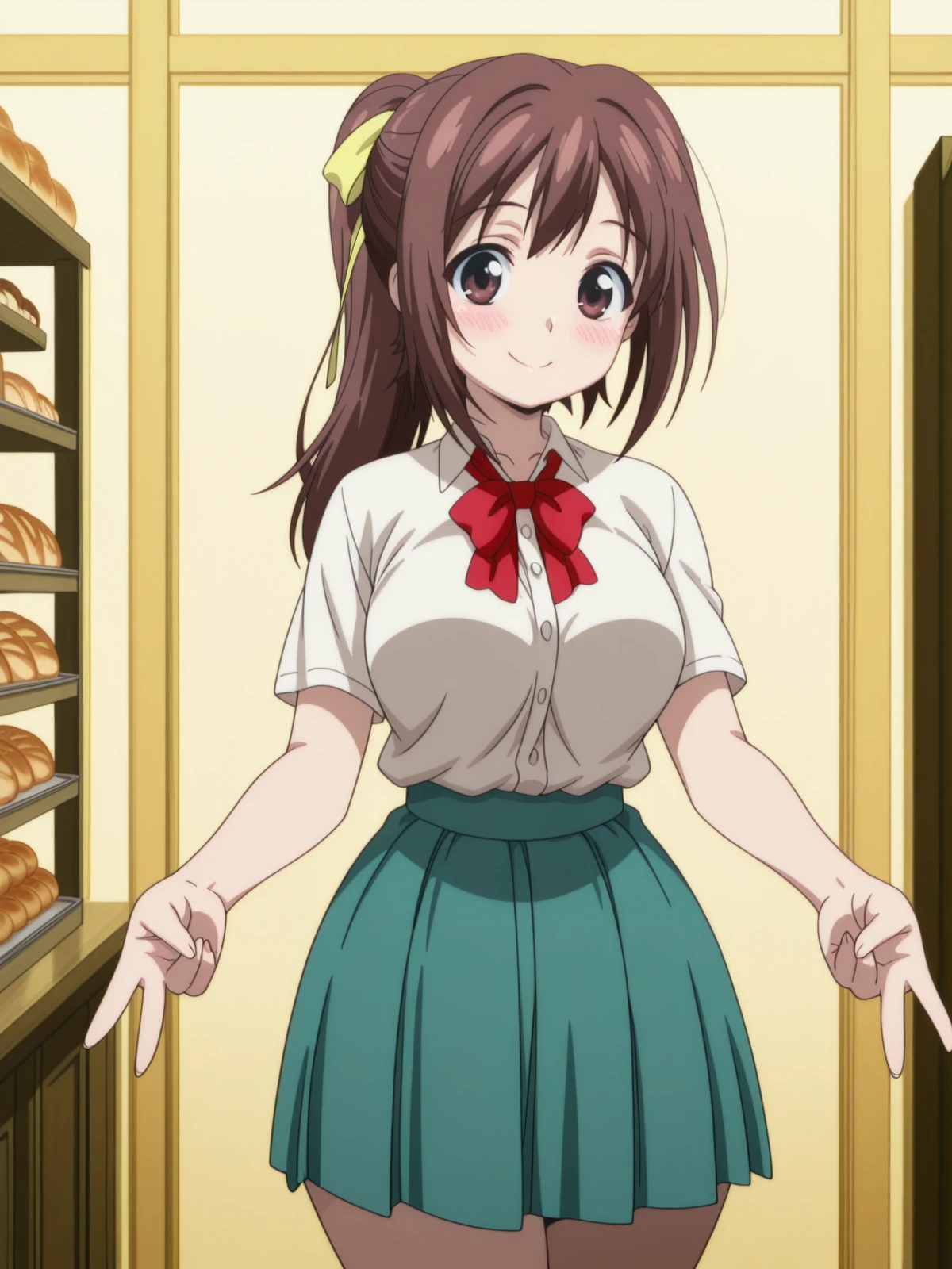 masterpiece, best quality, amazing quality,, <lora:sohara-mitsuki-s2-illustriousxl-lora-nochekaiser:1>, sohara mitsuki, long hair, brown hair, bow, ribbon, brown eyes, hair ribbon, ponytail, mature female, medium breasts, anime screencap, skirt, bow, ribbon, green skirt, pleated skirt, short sleeves, white shirt, collared shirt, buttons, bowtie, red bowtie, <lora:double-gyaru-v-illustriousxl-lora-nochekaiser:1>, doublegyaruv, solo, looking at viewer, blush, smile, standing, cowboy shot, double v,, bakery, bread, pastries, sweets,, cowboy shot, solo, looking at viewer,