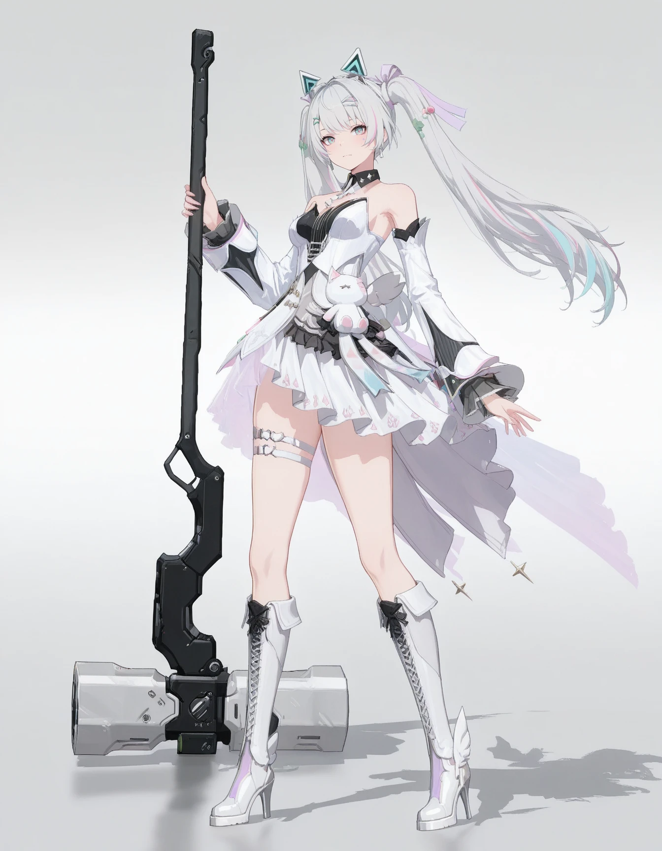 masterpiece,best quality,amazing quality,very aesthetic,high resolution,ultra detailed,perfect details,
1girl,solo,full body,standing,looking at viewer,simple background,grey background,dynamic pose,
<lora:mai_pgr_karenina_blnh:0.8>,mai_pgr_karenina_blnh,long_hair,twintails,grey_hair,multicolored_hair,multicolored_eyes,hair_ornament,hairclip,fake_animal_ears,idol_clothes,detached_sleeves,detached_collar,white_dress,white_skirt,frilled_dress,thigh_strap,knee_boots,high_heels,white_footwear,stuffed_toy,huge_weapon,holding hammer,war hammer,<lora:mai_pgr_x1:1>,