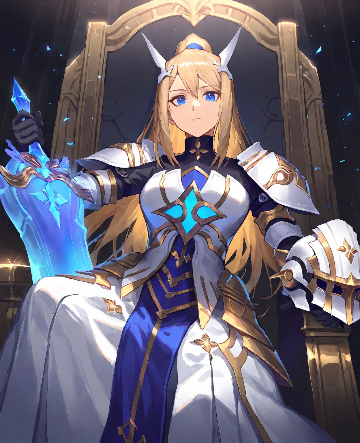 zPDXL3,score_9,score_8_up,score_7_up,source_anime,rating_safe BREAK masterpiece,highres,best quality,high quality,dramatic angle,cinematic lighting,1girl,<lora:ShadowverseHolySaber_Noob05_V1:1>,blonde hair,blue eyes,white armor,white and blue dress,ribbon,hair ornament,headgear,expressionless,sitting on a throne,holding a helmet in arm,blue crystal sword and shield set aside the throne,arm support,