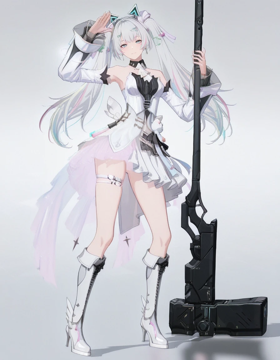 masterpiece,best quality,amazing quality,very aesthetic,high resolution,ultra detailed,perfect details,
1girl,solo,full body,standing,looking at viewer,simple background,grey background,,dynamic pose, 
<lora:mai_pgr_karenina_blnh:1>,mai_pgr_karenina_blnh,long_hair,twintails,grey_hair,multicolored_hair,multicolored_eyes,hair_ornament,hairclip,fake_animal_ears,idol_clothes,detached_sleeves,detached_collar,white_dress,white_skirt,frilled_dress,thigh_strap,knee_boots,high_heels,white_footwear,stuffed_toy,huge_weapon,holding hammer,war hammer,<lora:mai_pgr_x1:1>,