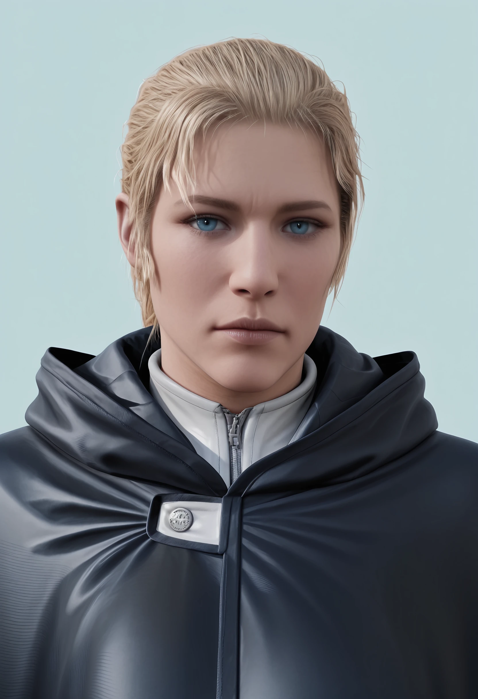 masterpiece, best quality, amazing quality, very aesthetic, absurdres, newest,  <lora:TheBossILf:1.2> thbilf, blonde hair, ponytail, blue eyes, cloak, looking at viewer, portrait,
 light blue background, simple background,