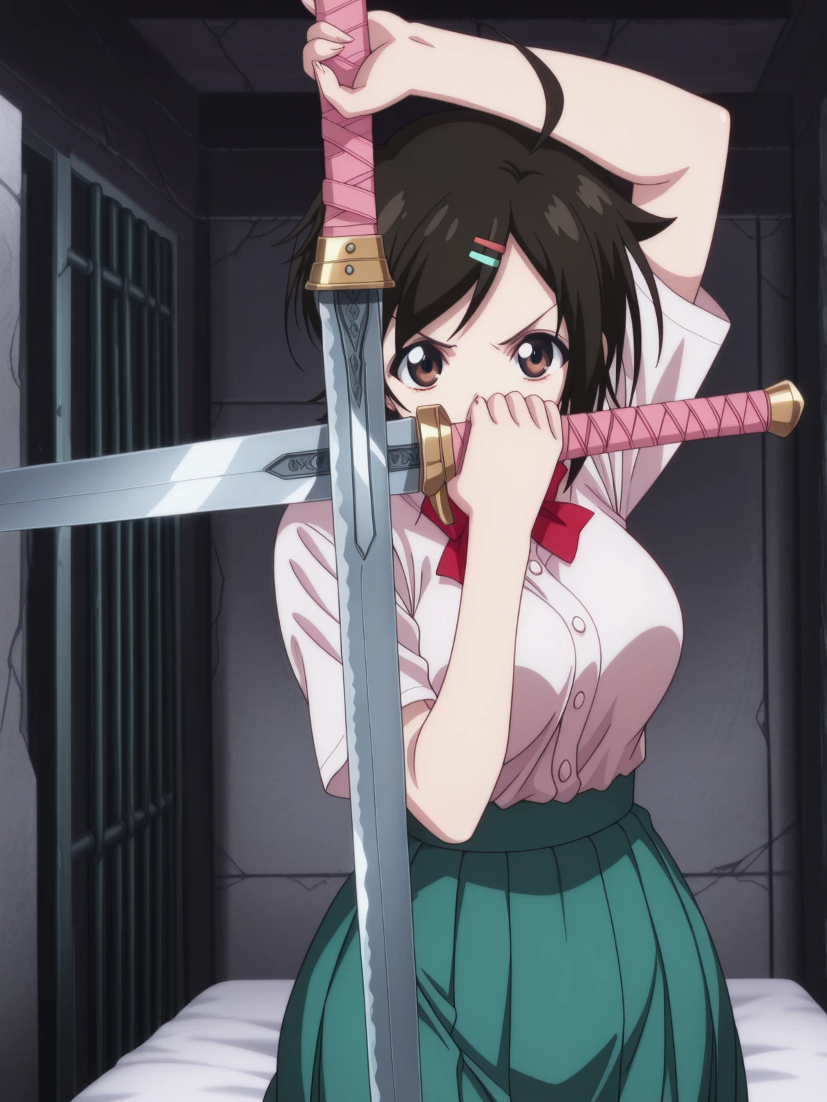 masterpiece, best quality, amazing quality,, <lora:tomoki-sakurai-s2-illustriousxl-lora-nochekaiser:1>, tomoki sakurai, short hair, black hair, hair ornament, brown eyes, ahoge, hairclip, mature female, medium breasts, anime screencap, skirt, bow, ribbon, green skirt, pleated skirt, short sleeves, white shirt, collared shirt, buttons, bowtie, red bowtie, <lora:alexander-andersons-pose-illustriousxl-lora-nochekaiser:1>, alexander anderson's pose, solo, looking at viewer, holding, weapon, sword, holding weapon, holding sword, hands up, arm up,, prison cell, bars, bed, stone_walls, isolation, cowboy shot, solo, looking at viewer,