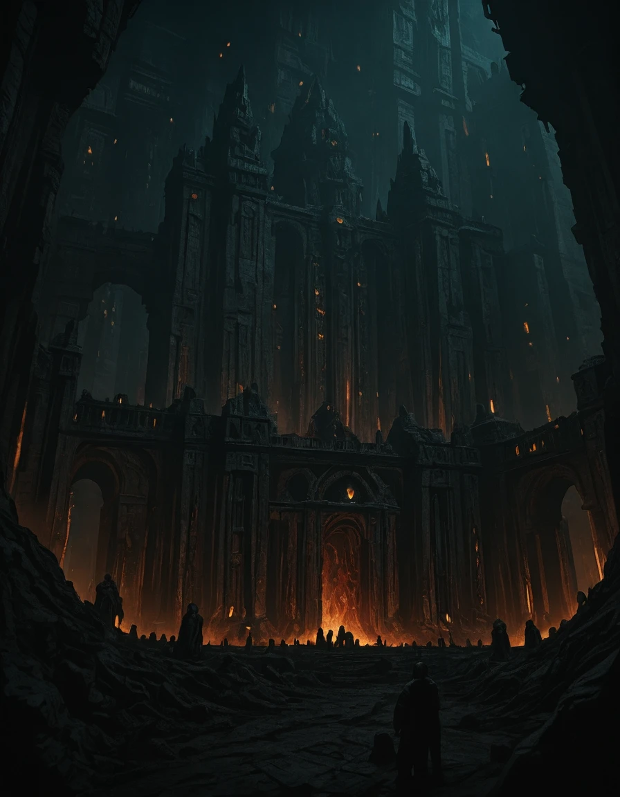 <lora:MW_Dwarven_p1ill:1> MWD01D, masterpiece, absurdres, 8k, insanely detailed, sharp focus, pitch black, very dark, in a huge dark underground carvern, colossal underground dwarven city, immense gothic stone architecture, towering arches carved into dark rock, monumental pillars glowing faintly with molten veins, grand halls illuminated by countless torches and braziers, bridges and walkways filled with dwarves moving in shadowy processions, detailed statues carved into the walls, faint blue light seeping from cracks in the cavern ceiling, mysterious mist hanging in the air, sparks and embers drifting in the darkness, epic scale, cinematic atmosphere, high detail, dark fantasy, dramatic lighting, sense of ancient power and forgotten grandeur,