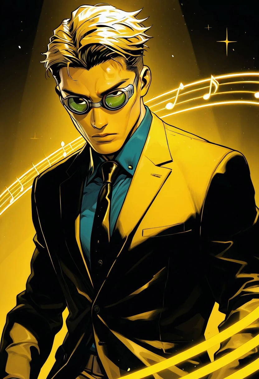 masterpiece, best quality,
cool lighting, limited palette, abstract, cool, yellow theme, glowing lines,
solo, male focus, bara, nanami kento, 1boy, black eyes, suit, formal, goggles, sparkling, dynamic angle, close-up, dc comics, melody, music,