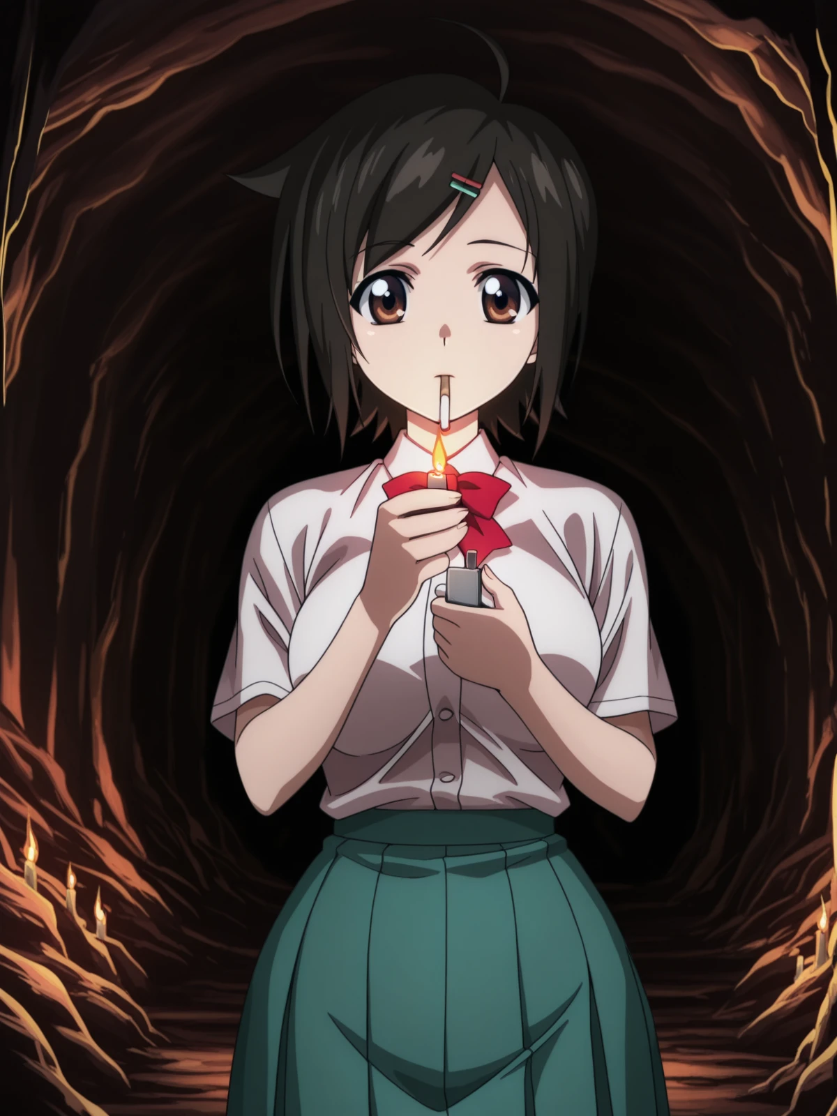 masterpiece, best quality, amazing quality,, <lora:tomoki-sakurai-s2-illustriousxl-lora-nochekaiser:1>, tomoki sakurai, short hair, black hair, hair ornament, brown eyes, ahoge, hairclip, mature female, medium breasts, anime screencap, skirt, bow, ribbon, green skirt, pleated skirt, short sleeves, white shirt, collared shirt, buttons, bowtie, red bowtie, <lora:lighting-cigarette-illustriousxl-lora-nochekaiser:1>, lighting cigarette, lighter, holding lighter, cigarette, smoking, fire, smoke, holding, upper body, cave, darkness, rocks, underground, stalactites, cowboy shot, solo, looking at viewer,