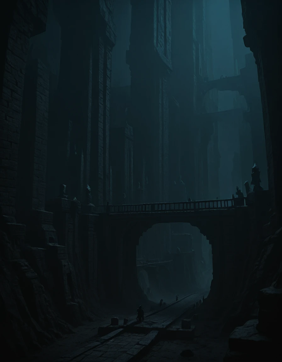 <lora:MW_Dwarven_p1ill:1> mwd01d, dark dwarven underground massive hall, wide stone columns, suspended bridge pathway in the shadows, over an endless foggy precipice, deep underground, pitch black,
