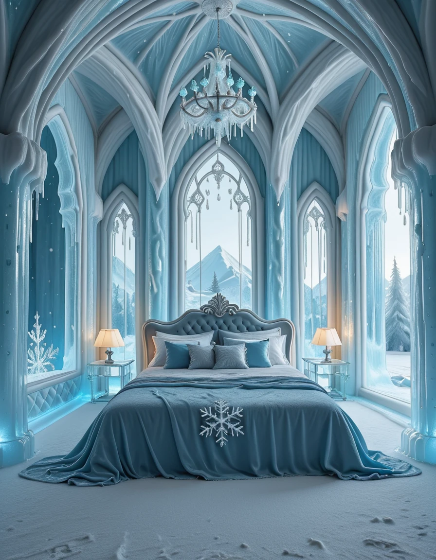The elegant ice palace bedroom of Elsa, the Snow Queen, shimmering with frosted crystal walls and towering icy arches. At the center, a majestic bed carved from ice and draped with flowing silver and blue fabrics glitters under the glow of enchanted snowflake chandeliers. Frosted mirrors, delicate icicle pillars, and snowflake patterns decorate the room, while moonlight shines through translucent frozen windows, casting a magical, ethereal glow across the chamber. The atmosphere is regal, serene, and filled with winterâs enchantment, completely empty of people.ice palace b3dr00m
 <lora:ice_palace_b3dr00m-i:1>, Masterpiece,best quality,hi res,8k,hi res,8k,award winning,(sharp focus, intricate, highly detailed),