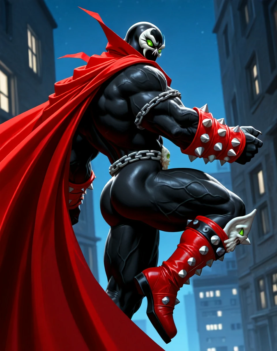 BREAK: very awe, aesthetically pleasing, masterpiece, best quality, absurd details, in'ei, natural shading, soft shading, flat color shading, in the style of Midjourney, vivid bright colors, source_anime, masterclass_anime, western style comics,
<lora:Spawn_(Marvel_Comics)_(Illustrious)_(AD):1> Spawn, muscular, monster,
exterior, night,
BREAK:
dutch angle, solo, ((dynamic action, dynamic expression, dynamic lighting, ):1.25), bent leg, (( side view, , )),
((
commanding presence, no humans, male focus, solid glowing green eyes, glossy black body armor, red cape,
powerful strong body, veiny muscles, large thick arms, large thick legs, hyper muscular, perfect proportions,
)),
BREAK: lazypos (4),