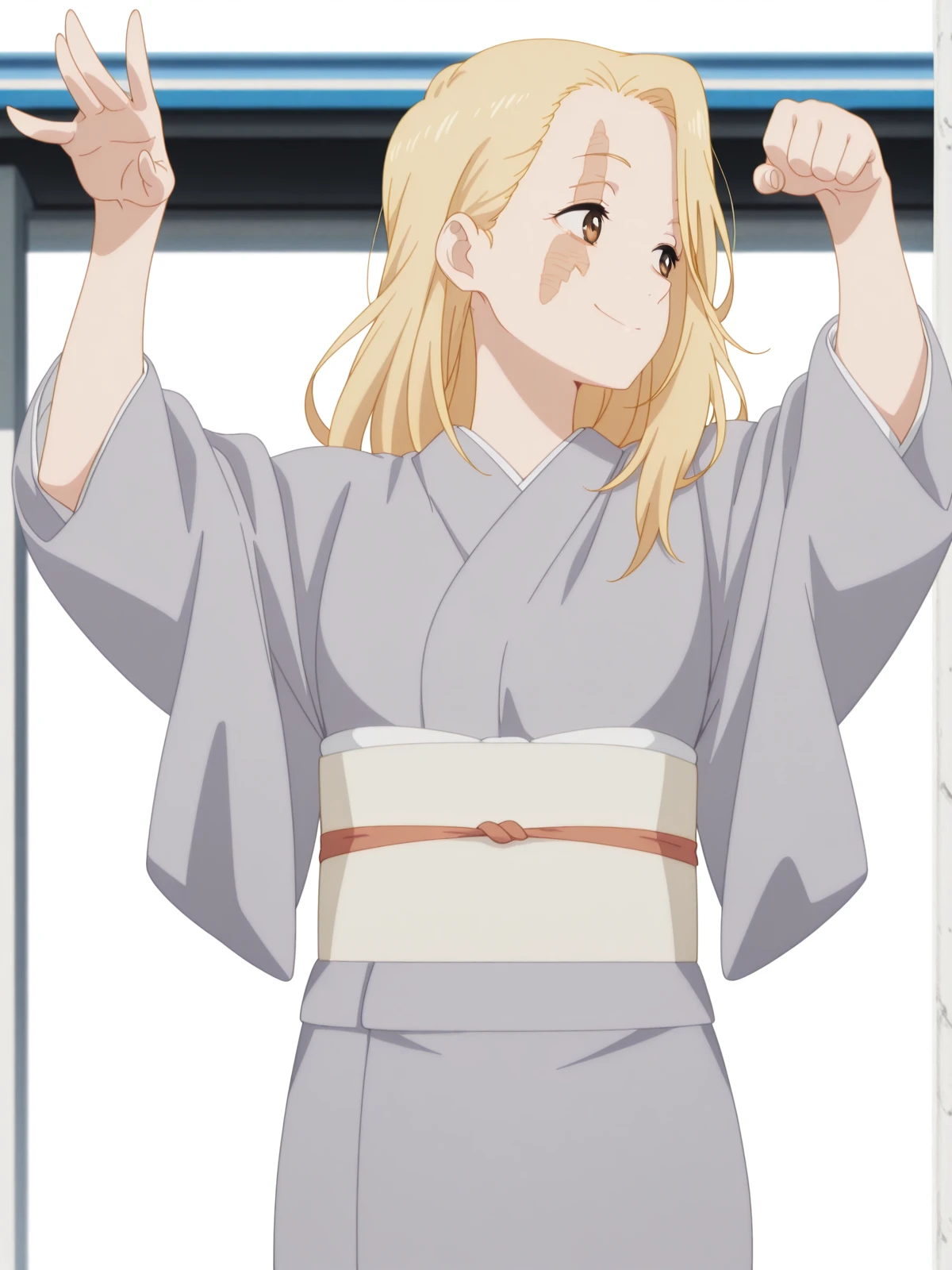 masterpiece, best quality, amazing quality,, <lora:jigoku-yui-s1-illustriousxl-lora-nochekaiser:1>, yui, long hair, blonde hair, brown eyes, scar, scar on face, mature female, small breasts, anime screencap, long sleeves, japanese clothes, kimono, sash, obi, grey kimono,, <lora:archer-pose-illustriousxl-lora-nochekaiser:1>, archer pose, solo, smile, looking to the side, arms up, hands up,, gas station, pumps, car, fuel, lights, cowboy shot, solo, looking at viewer, <lora:transparent-background-illustriousxl-lora-nochekaiser:1>, transparent background, simple background, white background