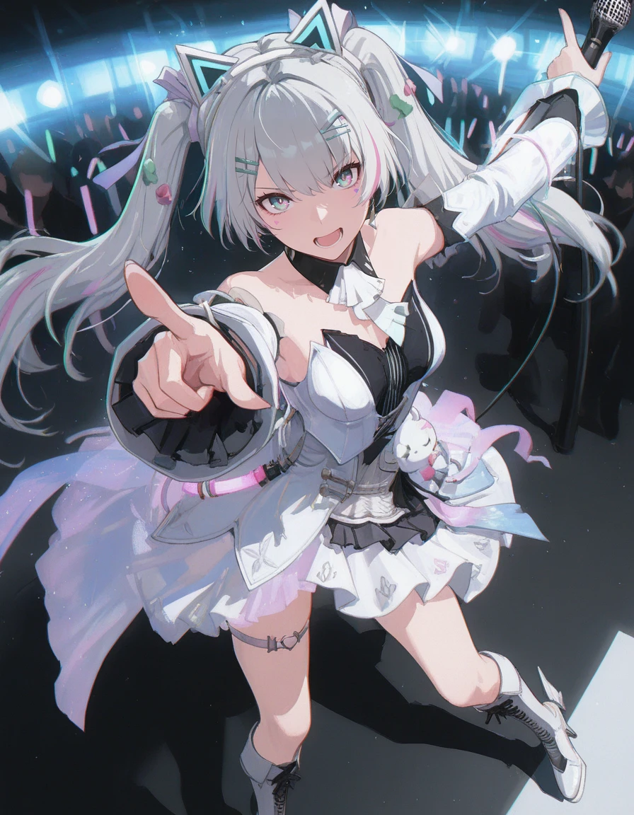 masterpiece,best quality,amazing quality,very aesthetic,high resolution,ultra detailed,perfect details,<lora:mai_pgr_x1:1>,
stage,people,Glow stick,Colored paper,Dramatic Lighting,
1girl,solo,dynamic pose,from above,holding microphone,pointing at viewer,open mouth,
<lora:mai_pgr_karenina_blnh:0.8>,mai_pgr_karenina_blnh,long_hair,twintails,grey_hair,multicolored_hair,multicolored_eyes,hair_ornament,hairclip,fake_animal_ears,idol_clothes,detached_sleeves,detached_collar,white_dress,white_skirt,frilled_dress,thigh_strap,knee_boots,high_heels,white_footwear,stuffed_toy,