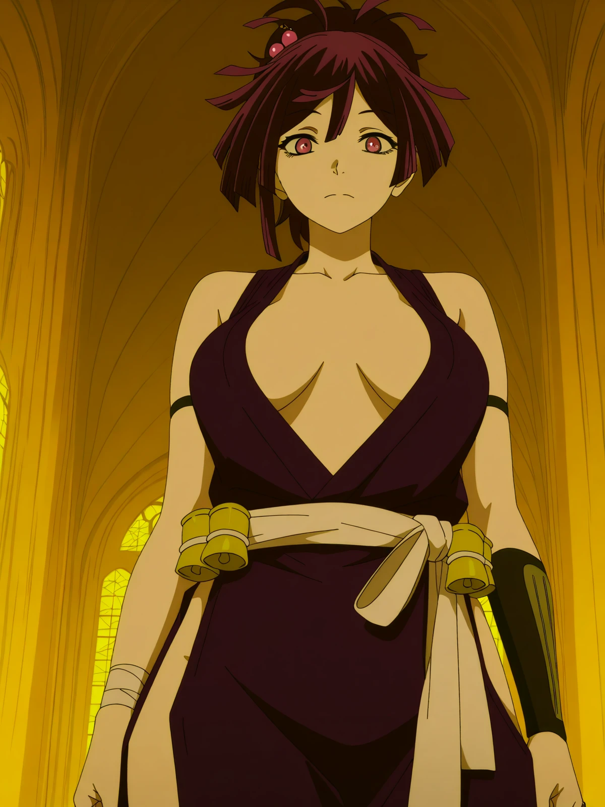 masterpiece, best quality, amazing quality,, <lora:jigoku-yuzuriha-s1-illustriousxl-lora-nochekaiser:1>, yuzuriha, hair ornament, purple eyes, ponytail, purple hair, mature female, medium breasts, anime screencap, breasts apart, japanese clothes, bare shoulders, collarbone, side slit,, from below, bell tower, bells, height, church, ring, cowboy shot, solo, looking at viewer,