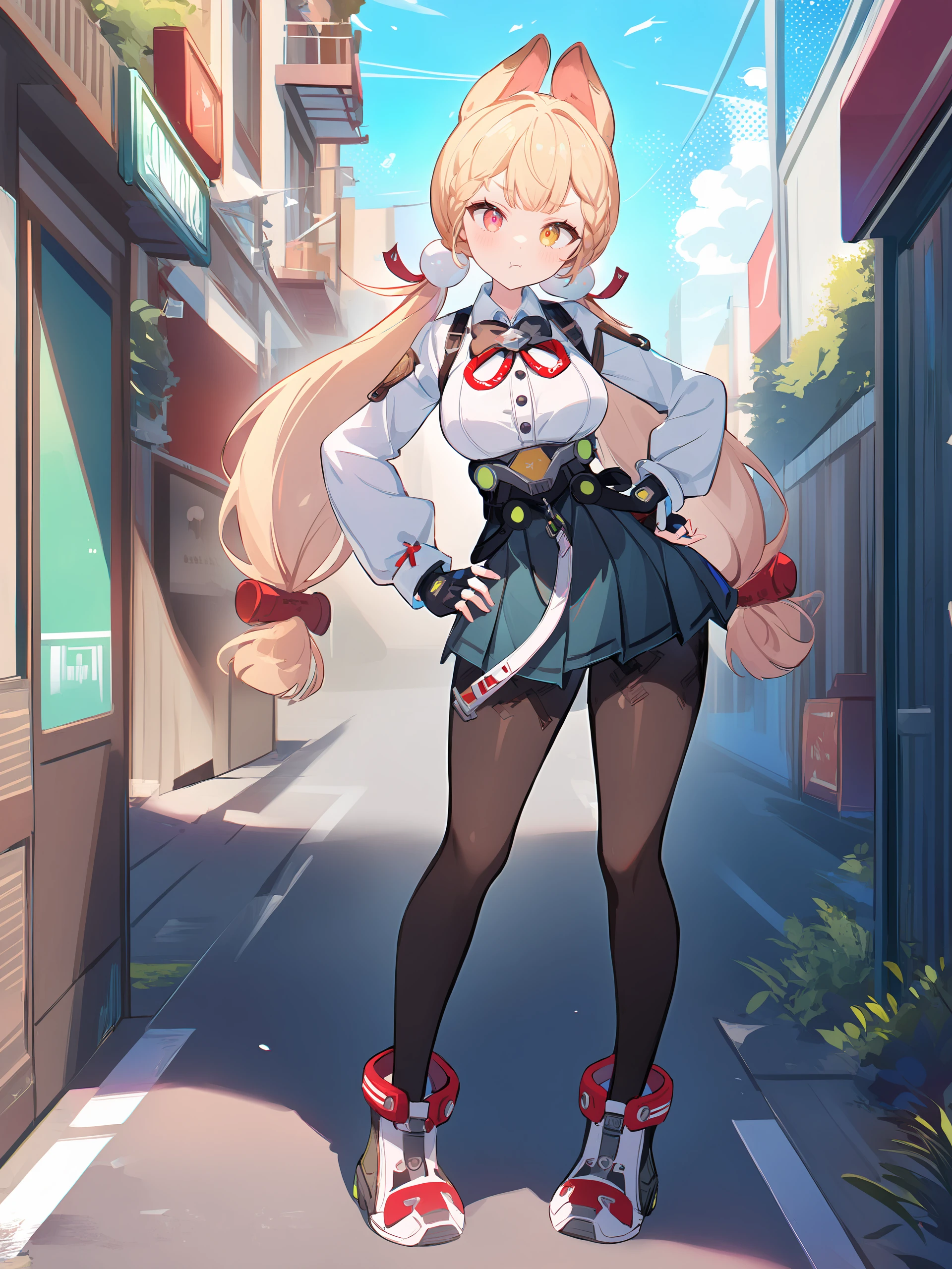 illustration, incredibly absurdres, ultra detailed, masterpiece, best quality, perfect features, intricate details, ray tracing, very aesthetic, (ask \(askzy\), hiten \(hitenkei\):0.7),  <lora:Char-ZZZ-Alice-V1-XL:1:hr=0.6>, 1girl, alice thymefield, heterochromia, solo, braided bangs, twintails, hair bobbles, white collared shirt, ribbon-trimmed sleeves, two-tone bowtie, chest harness, fingerless gloves, utility belt, high-waist pleated skirt, print pantyhose, high tops, full body, standing, contrapposto, pout, looking at viewer, hand on hip, outdoors, street