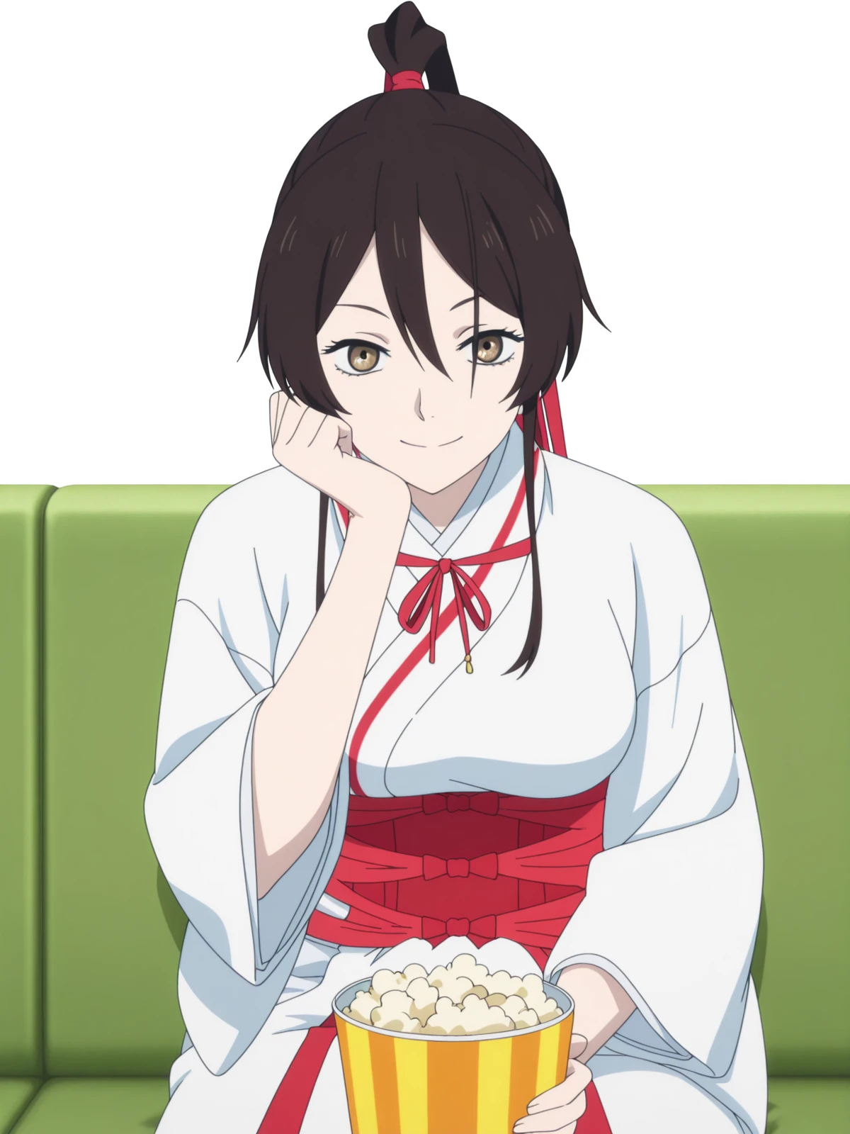 masterpiece, best quality, amazing quality,, <lora:sagiri-yamada-asaemon-s1-illustriousxl-lora-nochekaiser:1>, sagiri yamada asaemon, long hair, black hair, ponytail, high ponytail, brown eyes, mature female, medium breasts, anime screencap, japanese clothes, kimono, hakama,, head rest, smile,, living room, television, couch, popcorn, watching movie, night time, sitting, cowboy shot, solo, looking at viewer, <lora:transparent-background-illustriousxl-lora-nochekaiser:1>, transparent background, simple background, white background