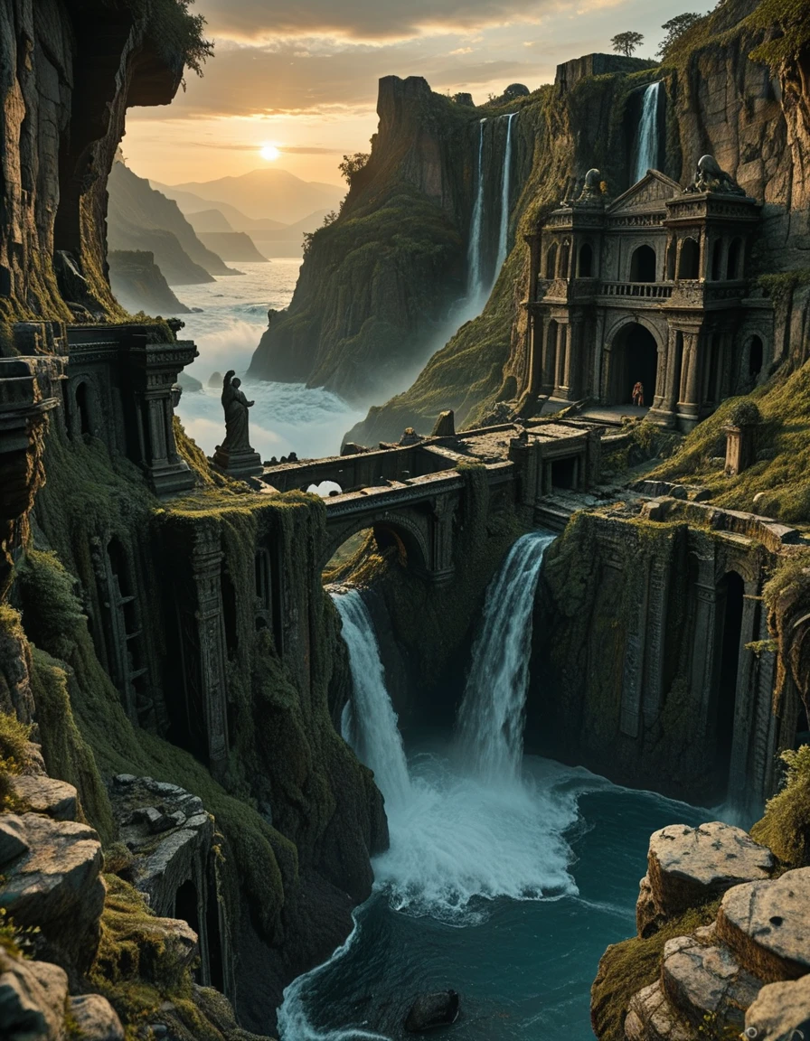 <lora:MW_Dwarven_p1ill:1> MWD01D, masterpiece, absurdres, 8k, insanely detailed, sharp focus, pitch black, very dark, in a huge dark underground carvern, old bridges over an endless foggy precipice, carved rocky walls and cracked rocky stone columns, a few faint torches, above the shoulder view, worn dusty statue silhouette of an old dwarf warrior on the side, ancient carved dwarven architecture, dusty, lost forgotten ambiance, shadows in the dark, lots of mist, multi levels, fantasy, white, gold, black, T2, T10, landscape, mountains, waves, rocks, tree, vegetation, moss, rough sea, waterfall, ruins, sunset, blue, orange, yellow, brown,