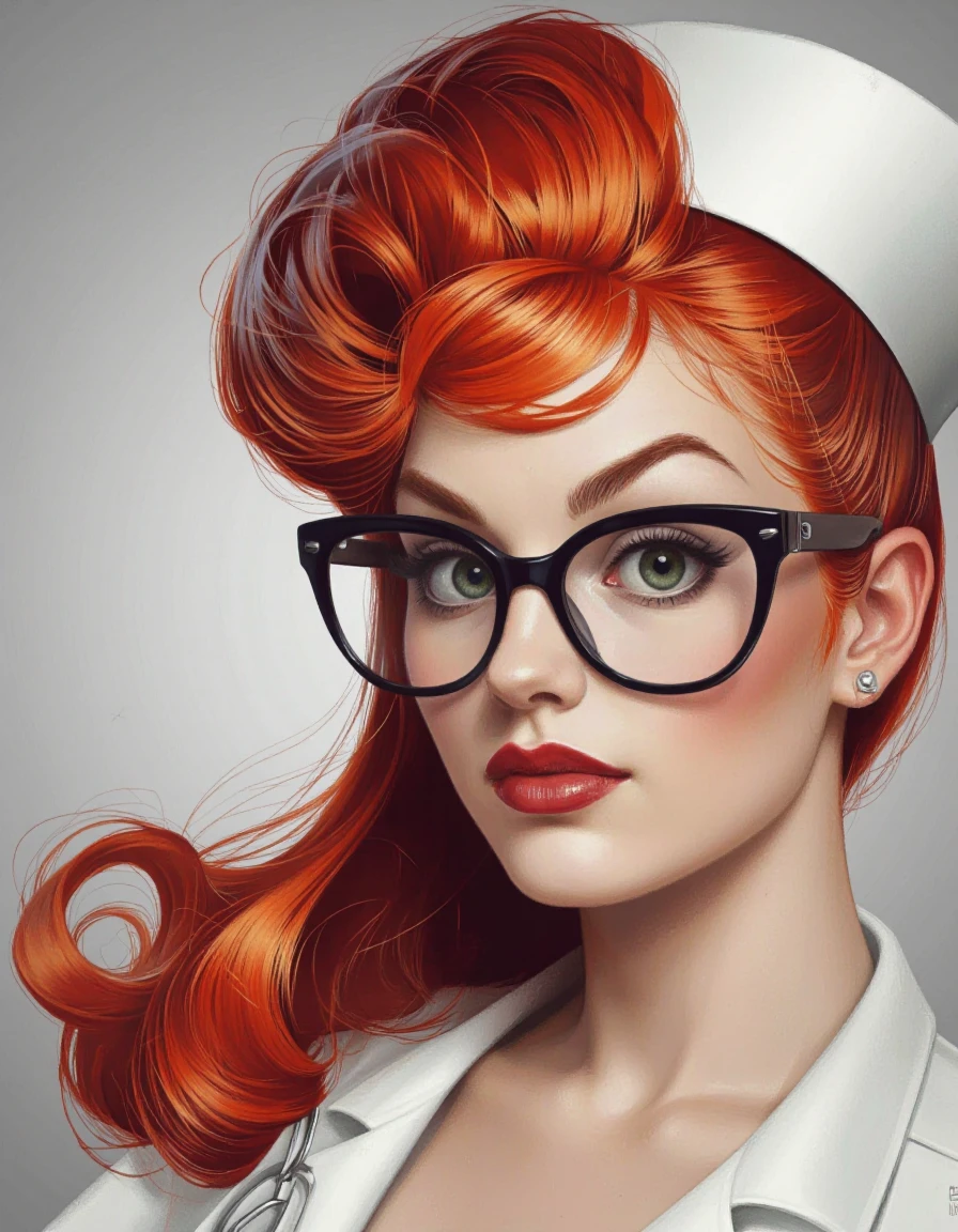 SerBira Style.
A digital illustration of a woman with striking red hair styled in a voluminous updo, wearing glasses and a white nurse hat. She has large, expressive green eyes and a bold, red lipstick. The background is a simple, light grey with a subtle gradient effect. The style is reminiscent of comic book art, with bold lines and vibrant colors. The woman's expression is confident and poised, with a slight smirk on her lips. The overall effect is one of sophistication and elegance.