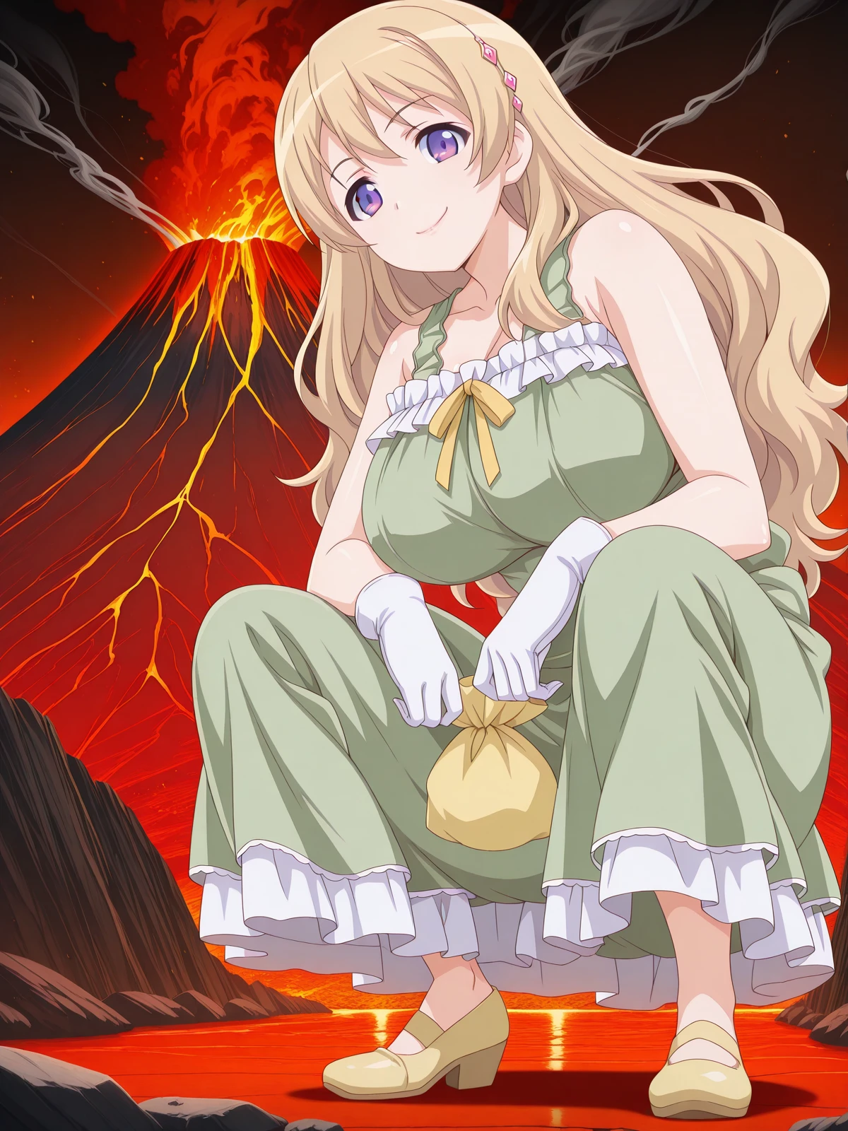 masterpiece, best quality, amazing quality,, <lora:momoka-fujiwara-ova-illustriousxl-lora-nochekaiser:1>, momoka fujiwara, long hair, blonde hair, hair ornament, purple eyes, mature female, large breasts, anime screencap, dress, green dress, frills, sleeveless, ribbon, yellow ribbon, skirt,, <lora:slav-squatting-illustriousxl-lora-nochekaiser:1>, slav squatting, solo, looking at viewer, smile, gloves, holding, full body, squatting, looking at viewer, volcano, lava, rock, fire, smoke, cowboy shot, solo, looking at viewer, <lora:transparent-background-illustriousxl-lora-nochekaiser:1>, transparent background, simple background, white background