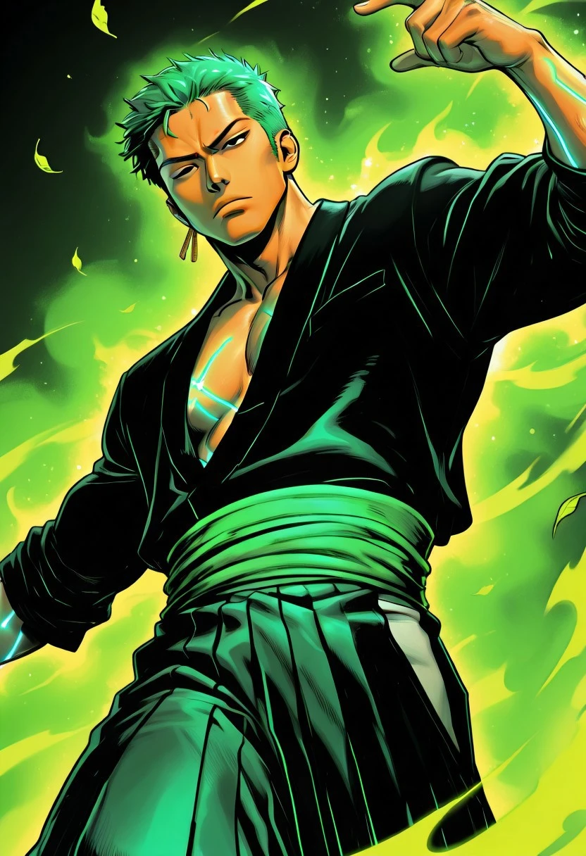masterpiece, best quality,
cool lighting, limited palette, abstract, cool, green theme, glowing lines,
solo, male focus, bara, roronoa zoro, 1boy, black eyes, suit, green hair, kimono, hakama pants, samurai, sparkling, dynamic angle, close-up, 4s1ndc, asian, flying leaf