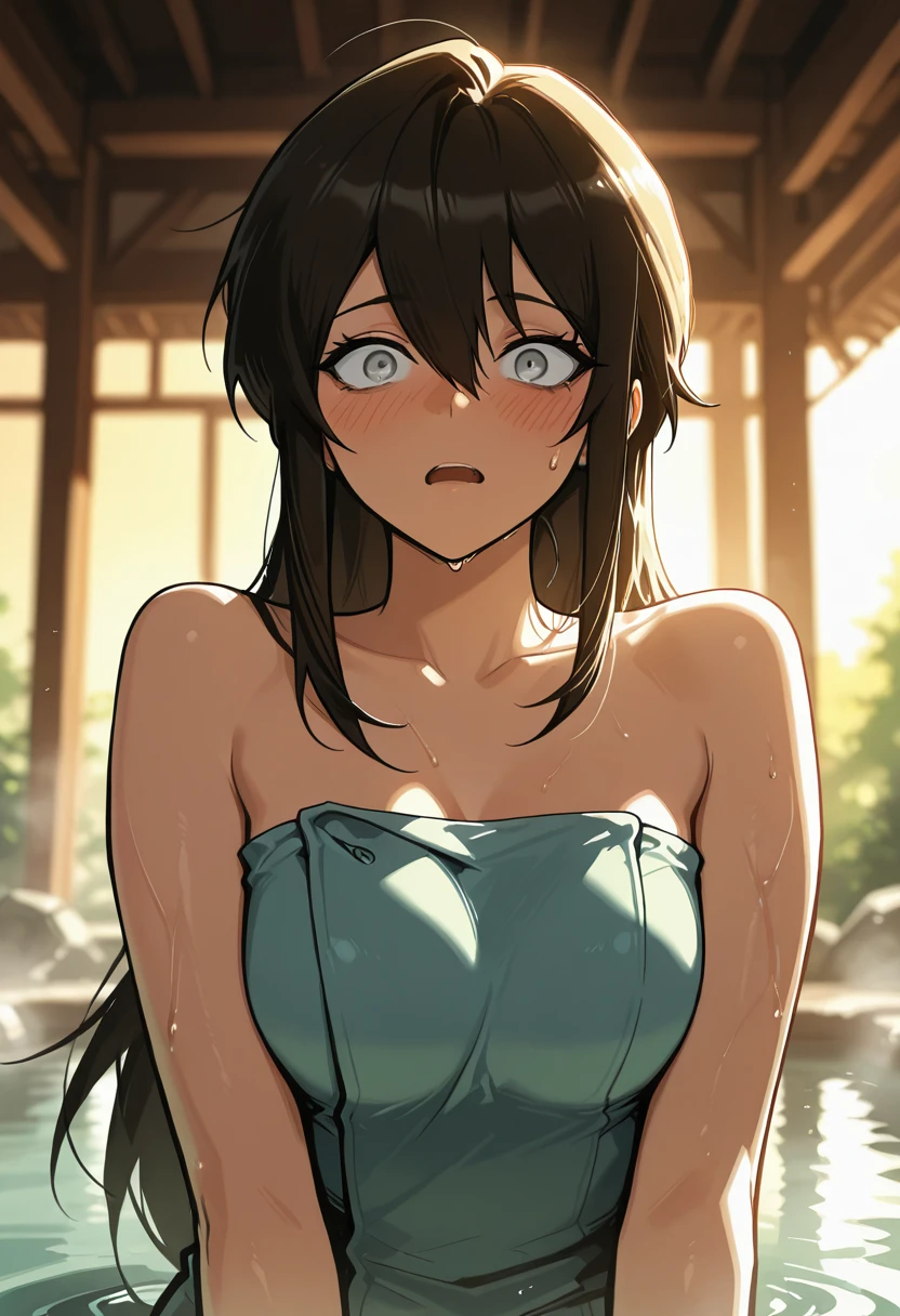 lurin, 1girl, solo, grey eyes, long hair,  brown hair, black hair, ahoge, hair between eyes, jewelry, bare shoulders, sidelocks, medium breasts,
towel, taking a bath, onsen, steam,
masterpiece, best quality, amazing quality, very aesthetic,
masterpiece,best quality,amazing quality, absurdres, (impressionism), ultra-HD, 8k, fit body, highest quality, volumetric lighting, (dramatic lighting), usnr, (cinematic composition:1.3), (sharp focus:1.2), (depth of field:1.2), (adult), wide eyes, (mature female:1.2), very aesthetic, smooth image, action lines, motion lines, motion blur, (detailed face and eyes:1.3),
