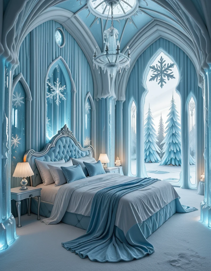 The elegant ice palace bedroom of Elsa, the Snow Queen, shimmering with frosted crystal walls and towering icy arches. At the center, a majestic bed carved from ice and draped with flowing silver and blue fabrics glitters under the glow of enchanted snowflake chandeliers. Frosted mirrors, delicate icicle pillars, and snowflake patterns decorate the room, while moonlight shines through translucent frozen windows, casting a magical, ethereal glow across the chamber. The atmosphere is regal, serene, and filled with winterâs enchantment, completely empty of people.ice palace b3dr00m
 <lora:ice_palace_b3dr00m-i:1>, Masterpiece,best quality,hi res,8k,hi res,8k,award winning,(sharp focus, intricate, highly detailed),