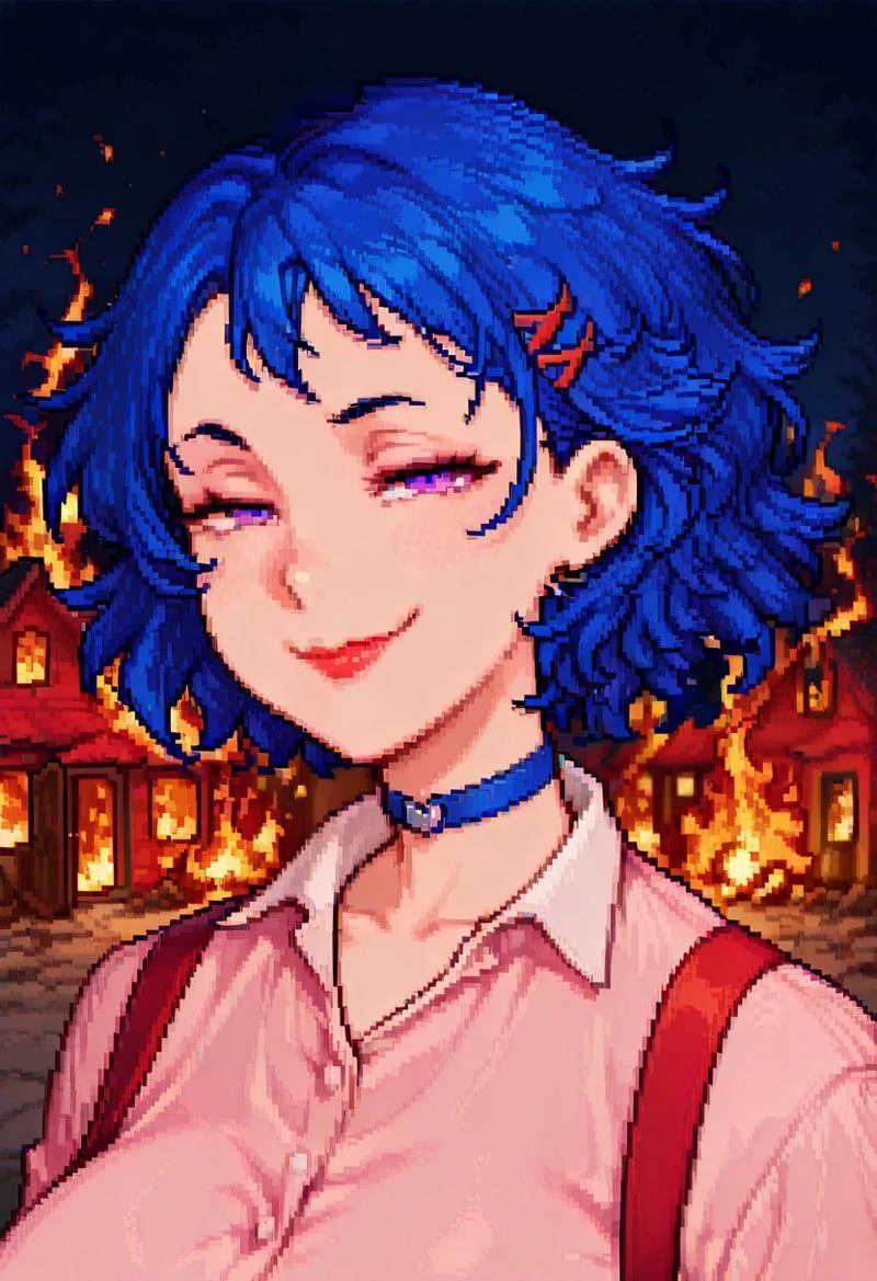 monopixel_portrait, pixel art, pixel, 64x64, 64x64, clean pixel art, sharp pixels, pixelated, square pixels, limited color palette,
masterpiece, best quality, amazing quality, newest, very awa, beautiful eyes, 1girl, solo, face focus, Portrait,
emily_sdv, blue hair, short hair, lipstick, red lips, red lipstick, violet eyes, hairclip, red hairclip, Choker, blue choker, large breasts, Pink shirt, white collar, rolled up sleeves, buttoned shirt, red suspenders,
<lora:disaster-girl-illustriousxl-lora-nochekaiser:1>, disaster girl, disaster girl (meme), solo, looking at viewer, smile, closed mouth, upper body, blurry, blurry background, night, depth of field, half-closed eyes, parody, fire, meme, smug, burning house,, , ,