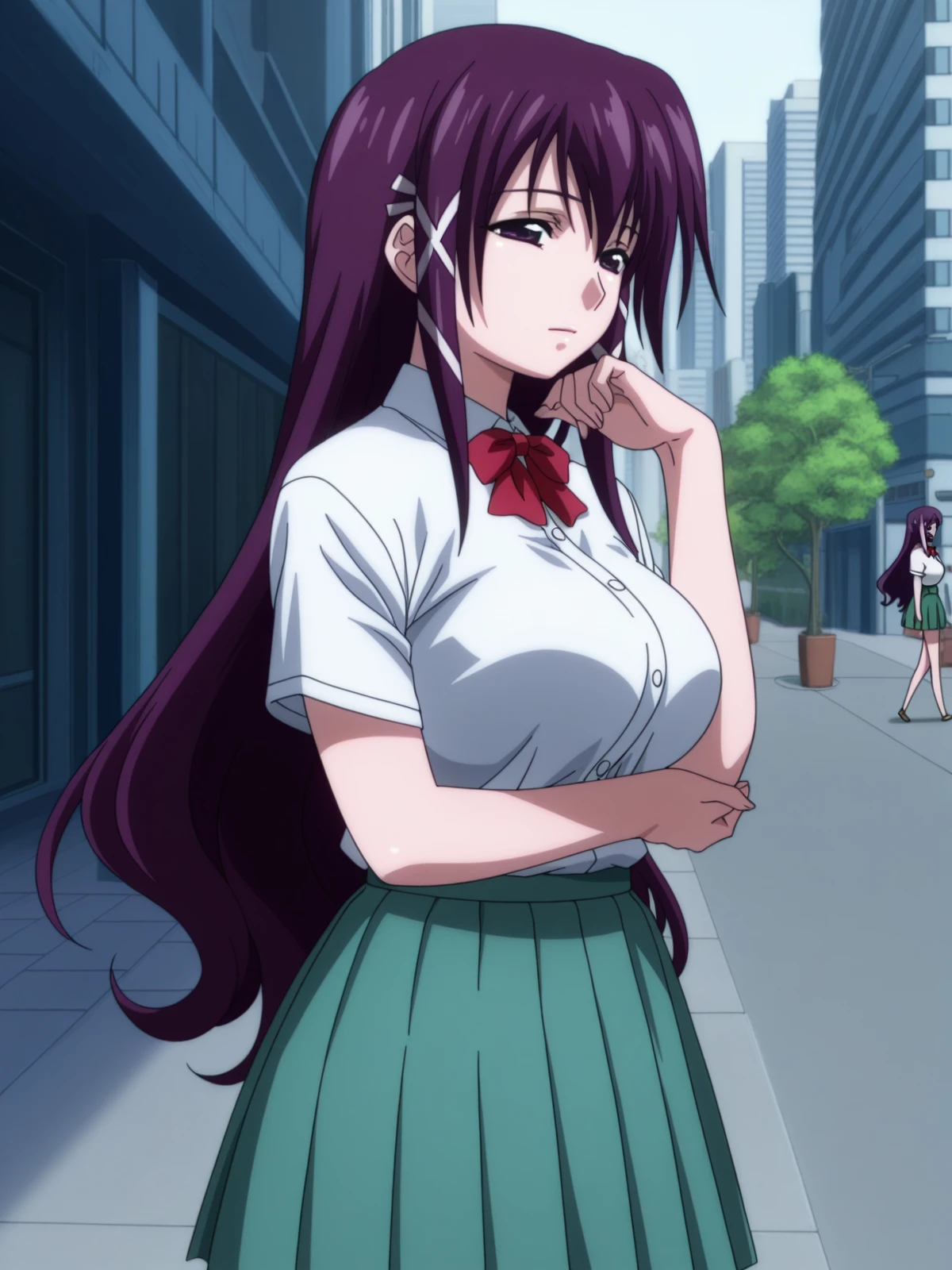masterpiece, best quality, amazing quality,, <lora:mikako-satsukitane-s2-illustriousxl-lora-nochekaiser:1>, mikako satsukitane, long hair, purple eyes, hair ribbon, purple hair, hair tubes, sidelocks, mature female, large breasts, anime screencap, skirt, bow, ribbon, green skirt, pleated skirt, short sleeves, white shirt, collared shirt, buttons, bowtie, red bowtie, sitting, elbow rest, table,, sidewalk, pedestrians, city, street, walking, cowboy shot, solo, looking at viewer,