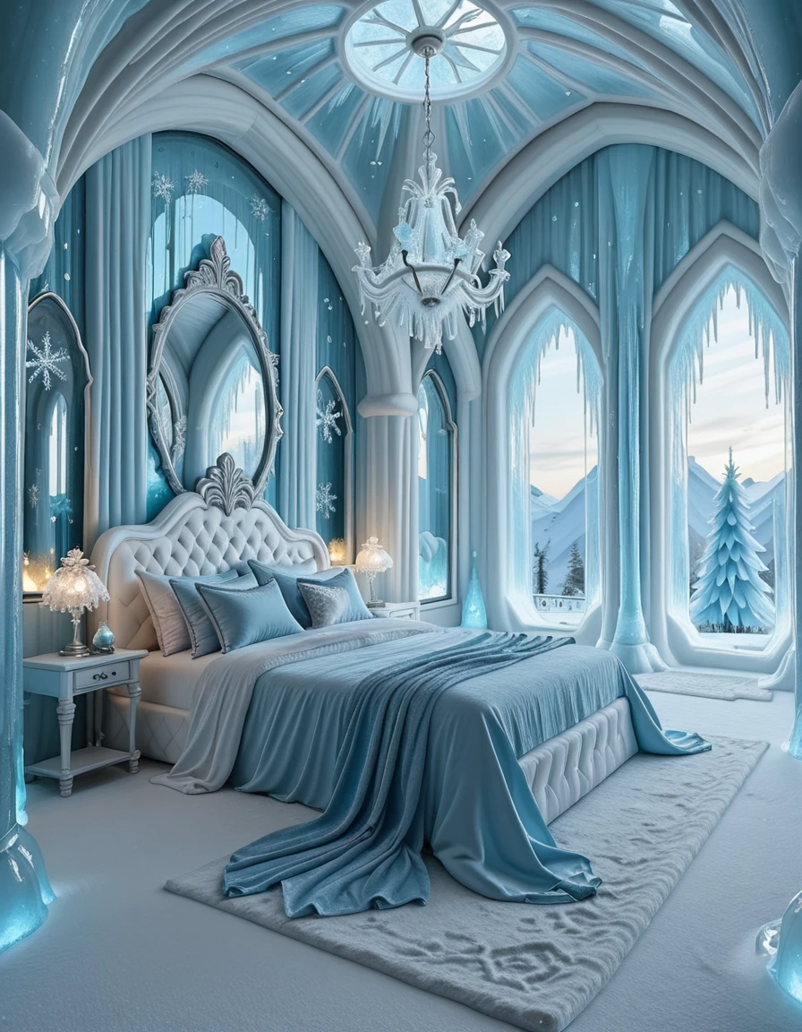 The elegant ice palace bedroom of Elsa, the Snow Queen, shimmering with frosted crystal walls and towering icy arches. At the center, a majestic bed carved from ice and draped with flowing silver and blue fabrics glitters under the glow of enchanted snowflake chandeliers. Frosted mirrors, delicate icicle pillars, and snowflake patterns decorate the room, while moonlight shines through translucent frozen windows, casting a magical, ethereal glow across the chamber. The atmosphere is regal, serene, and filled with winterâs enchantment, completely empty of people.ice palace b3dr00m
 <lora:ice_palace_b3dr00m-i:1>, Masterpiece,best quality,hi res,8k,hi res,8k,award winning,(sharp focus, intricate, highly detailed),