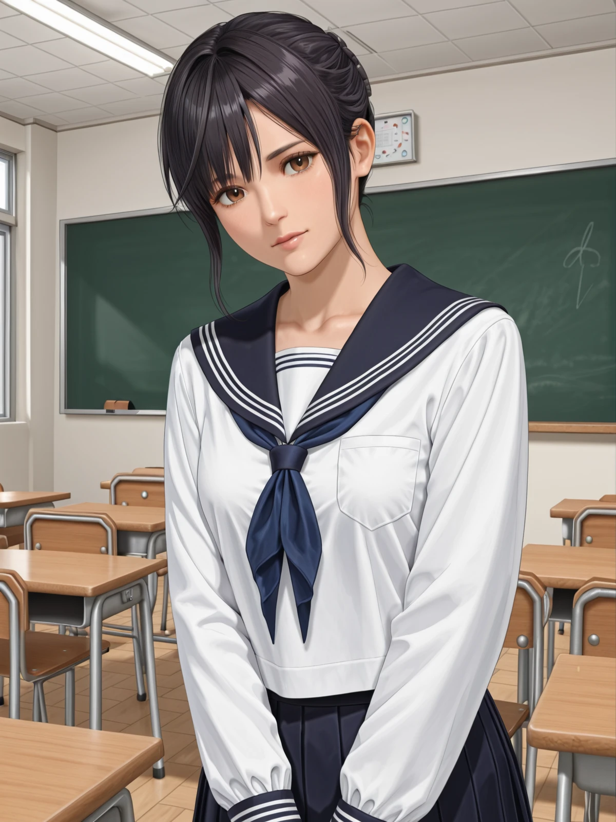 nagisa \(doax vv\),black hair,brown eyes,serafuku,classroom,