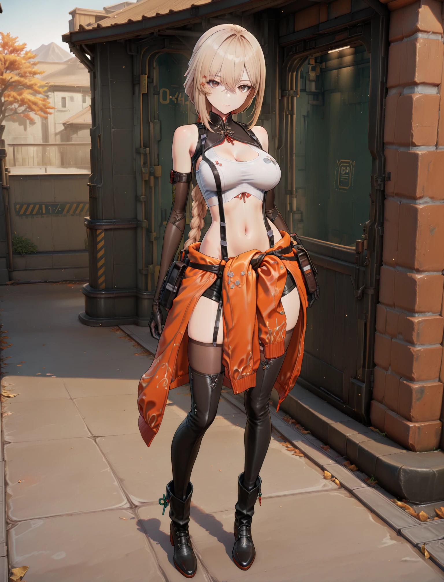 default, masterpiece, best quality, absurdres,, full body, detailed face, blonde hair, brown eyes, looking at viewer, <lora:748cmSDXL:0.4> 748cmstyle, <lora:illustrious_quality_modifiers_masterpieces_v1:1>, <lora:NOOB_vp1_detailer_by_volnovik_v1:0.5>, <lora:noobai_ep11_stabilizer_v0.114_fp16:0.5>, <lora:ponyv6_noobV1_2_adamW:0.3>, <lora:qiuhua-000001:1>, elbow gloves, midriff, thighhighs, closed mouth, outdoors, boots, standing, black footwear, clothing cutout, bare shoulders, black gloves, navel, orange clothes around waist