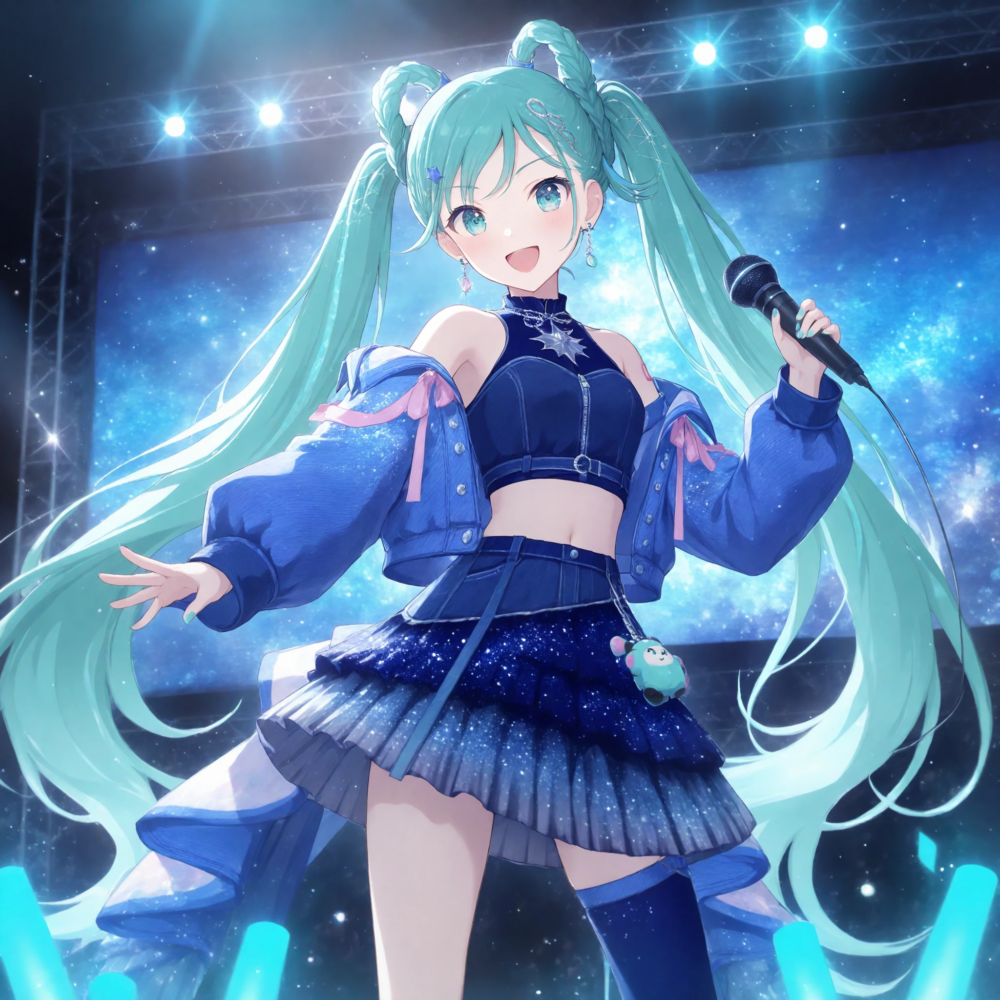 1girl, hatsune miku, project sekai, solo, four fingers ant thumb,
mm25miku, very long hair, twintails, aqua hair, streaked hair, aqua eyes, detailed eyes, :D, dot nose,
looking at viewer, standing, contrapposto, legs apart, outstretched arm, holding microphone, four fingers and thumb,
single thighhigh, earrings, blue skirt, blue thighhighs, crop top, midriff, off shoulder, open jacket, hair ornament, bare shoulders, blue jacket, hair rings, aqua nails, sleeveless, blue shirt, pleated skirt, asymmetrical legwear, layered skirt, two-sided fabric, blue theme, starry sky print,
dark, idol stage, stage light, blue neon light, blue glowing light, depth of field, blue theme,
nijistyle, jwst, masterpiece, amazing quality, very aesthetic, highres, ultra detailed, ray tracing,
<lora:IL-style-nijistyle02:0.6>, <lora:IL-style-JWST02:0.2>, <lora:hand 5.5:1>
<lora:IL-vs-MM2025Miku01:0.6>