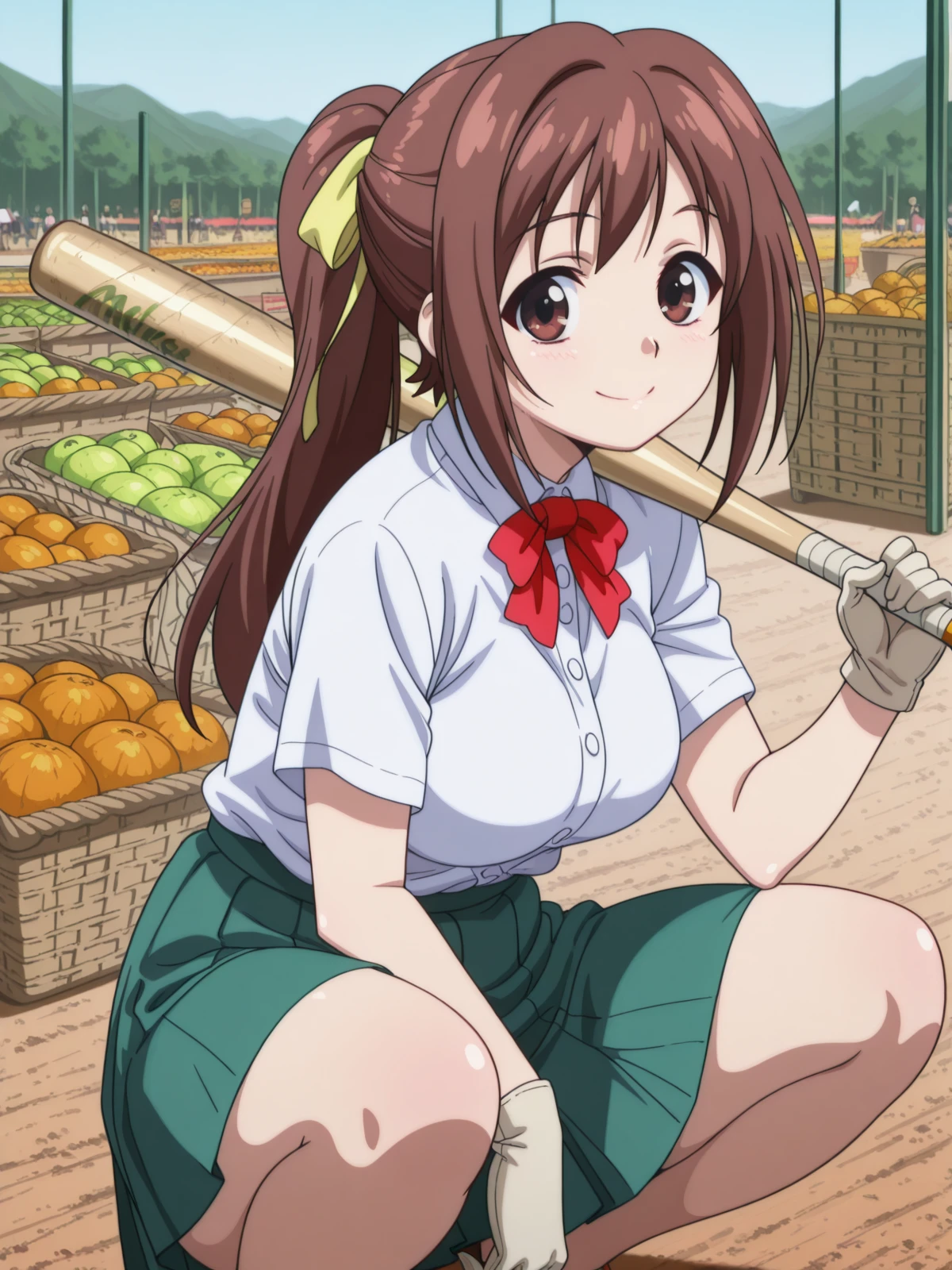 masterpiece, best quality, amazing quality,, <lora:sohara-mitsuki-s2-illustriousxl-lora-nochekaiser:1>, sohara mitsuki, long hair, brown hair, bow, ribbon, brown eyes, hair ribbon, ponytail, mature female, medium breasts, anime screencap, skirt, bow, ribbon, green skirt, pleated skirt, short sleeves, white shirt, collared shirt, buttons, bowtie, red bowtie, <lora:slav-squatting-illustriousxl-lora-nochekaiser:1>, slav squatting, solo, looking at viewer, smile, gloves, holding, full body, looking at viewer, baseball bat, holding baseball bat,, farmers market, fresh produce, local vendors, baskets, sunny day, community, cowboy shot, solo, looking at viewer,