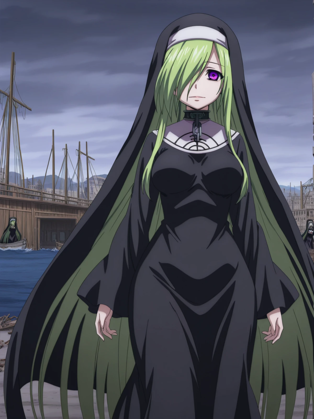 masterpiece, best quality, amazing quality,, <lora:otoshimono-chaos-s2-illustriousxl-lora-nochekaiser:1>, chaos, long hair, green hair, medium breasts, very long hair, purple eyes, hair over one eye, mature female, medium breasts, anime screencap, dress, collar, chain, nun, habit, v,, shipyard, boats, construction, metal, workers, cowboy shot, solo, looking at viewer,