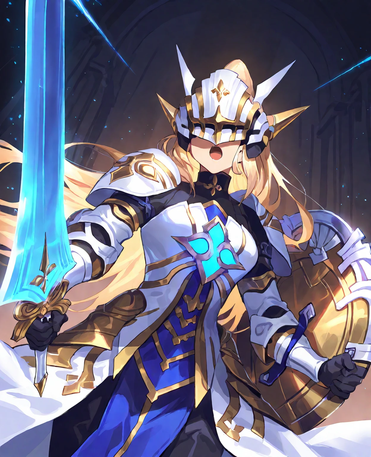 zPDXL3,score_9,score_8_up,score_7_up,source_anime,rating_safe BREAK masterpiece,highres,best quality,high quality,dramatic angle,cinematic lighting,1girl,<lora:ShadowverseHolySaber_Noob05_V1:1>,blonde hair,covered eyes,white armor,white and blue dress,ribbon,hair ornament,headgear,expressionless,floating objects,helmet,open mouth,holding sword,shield,holy light,glowing particles,serious,dynamic angle,