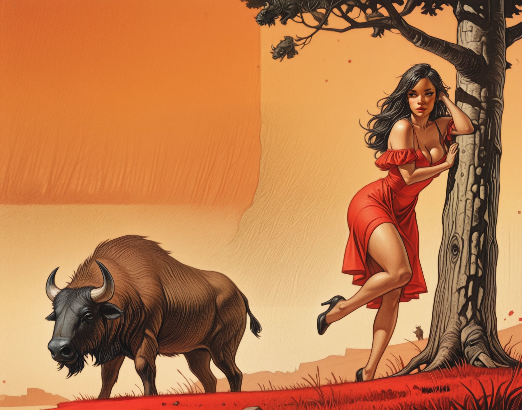 embedding:Stable_Yogis_PDXL_Positives, embedding:Stable_Yogis_PDXL_Positives2, embedding:lazypos, embedding:cr1sp,  1girl, female cowboy, jean dress, deep cleavage, leaning against tree, one leg bent, seductive pose, confident gaze, CKosak, painterly strokes, bold brushwork, color transitions, luminous colors, moonlit colors, oil painting, canvas texture, layered paint, beveled brush strokes, thick paint texture, abstract elements, surreal accents, negative space, soft gradients, sunset, wide shot, bison, outdoors
,masterpiece, best quality, very aesthetic, bold outlines, strong shadows, high contrast, crisp lines, detailed, intricate, ultra detailed, vibrant, smooth gradients, subtle shadows, professional, high-resolution, perfect lighting, solo, depth, complex lighting, ultra detailed
,,