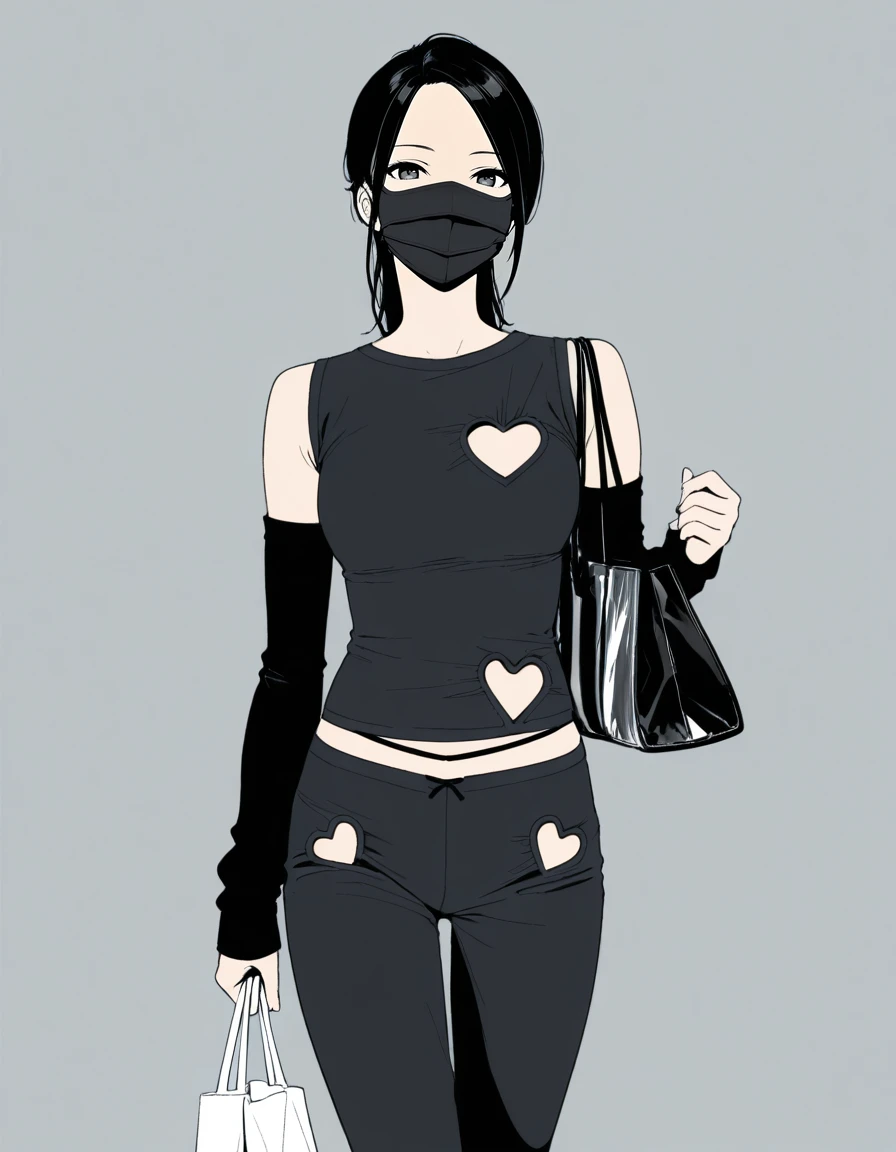 masterpiece,best quality,very aesthetic,high resolution,ultra detailed,perfect details,anime coloring,
1girl,solo,walking,looking at viewer,simple background, grey background, flat color,
<lora:mai_bbshirt:0.8>,mai_bbshirt,mouth_mask,black_shirt,detached_sleeves,heart_cutout,black_pants,shopping_bag,