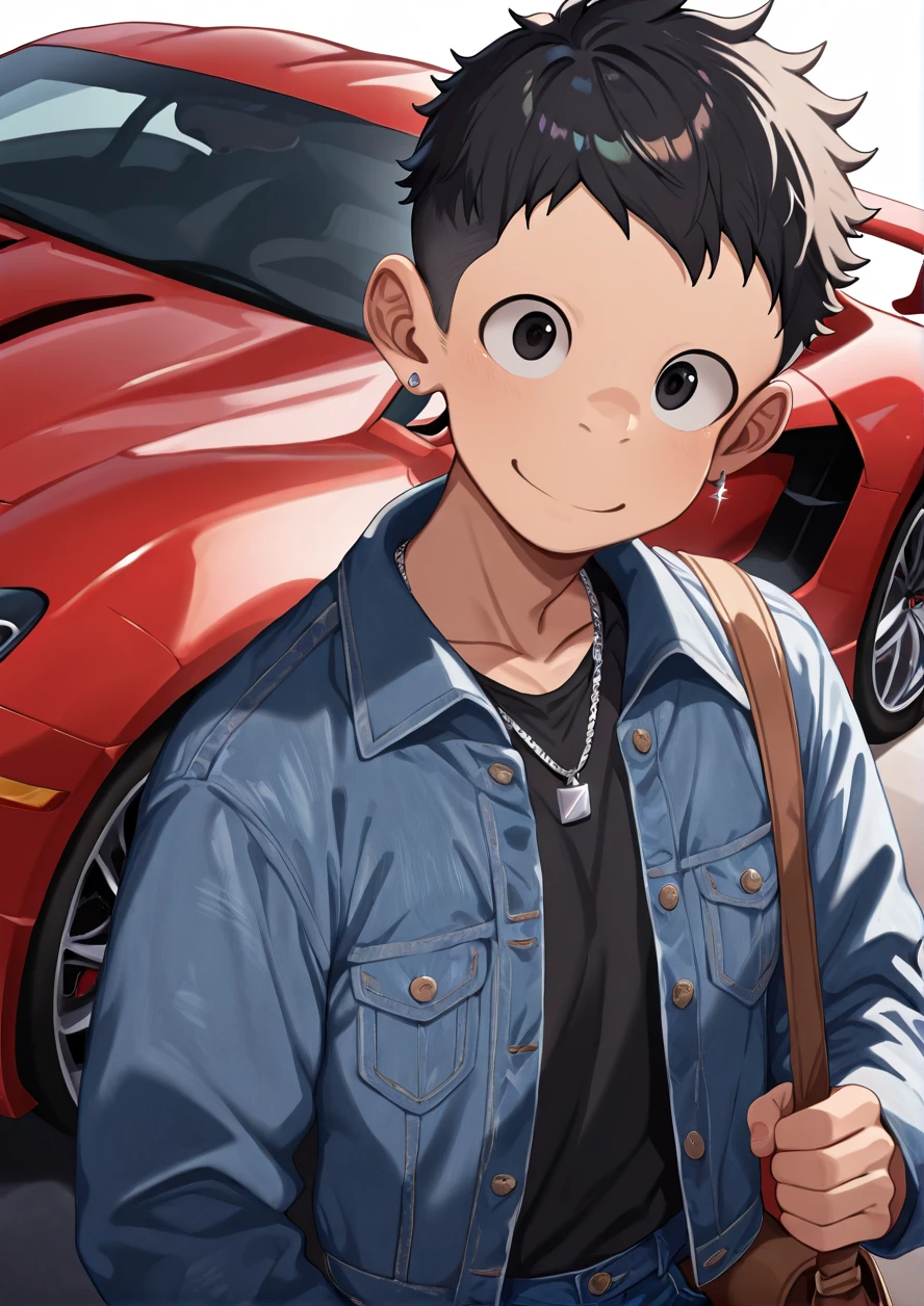 masterpiece, best quality, good quality,1boy,ferrari,red super car,long sleeve,denim jacket,silver necklace,silver earrings,black highneck,looking at viewer,black hair,very short hair,brown bag,smile,bag from shoulder,dynamic angle,<lora:ããããwaryusya_IL7_128:1.1>