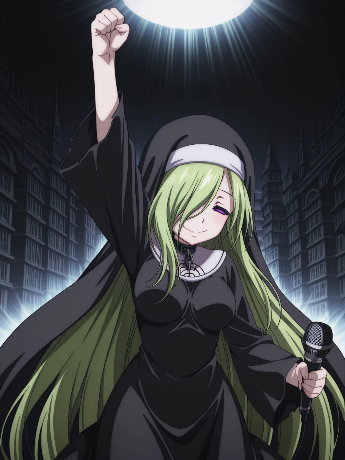 masterpiece, best quality, amazing quality,, <lora:otoshimono-chaos-s2-illustriousxl-lora-nochekaiser:1>, chaos, long hair, green hair, medium breasts, very long hair, purple eyes, hair over one eye, mature female, medium breasts, anime screencap, dress, collar, chain, nun, habit, <lora:freddymercury-rage-pose-illustriousxl-lora-nochekaiser:1>, freddymercurys rage pose, solo, blush, smile, holding, closed eyes, arm up, microphone, holding microphone, clenched fist, dark, spotlight, upper body, Buildings, architecture, man_made, urban, interior, cowboy shot, solo, looking at viewer, <lora:transparent-background-illustriousxl-lora-nochekaiser:1>, transparent background, simple background, white background