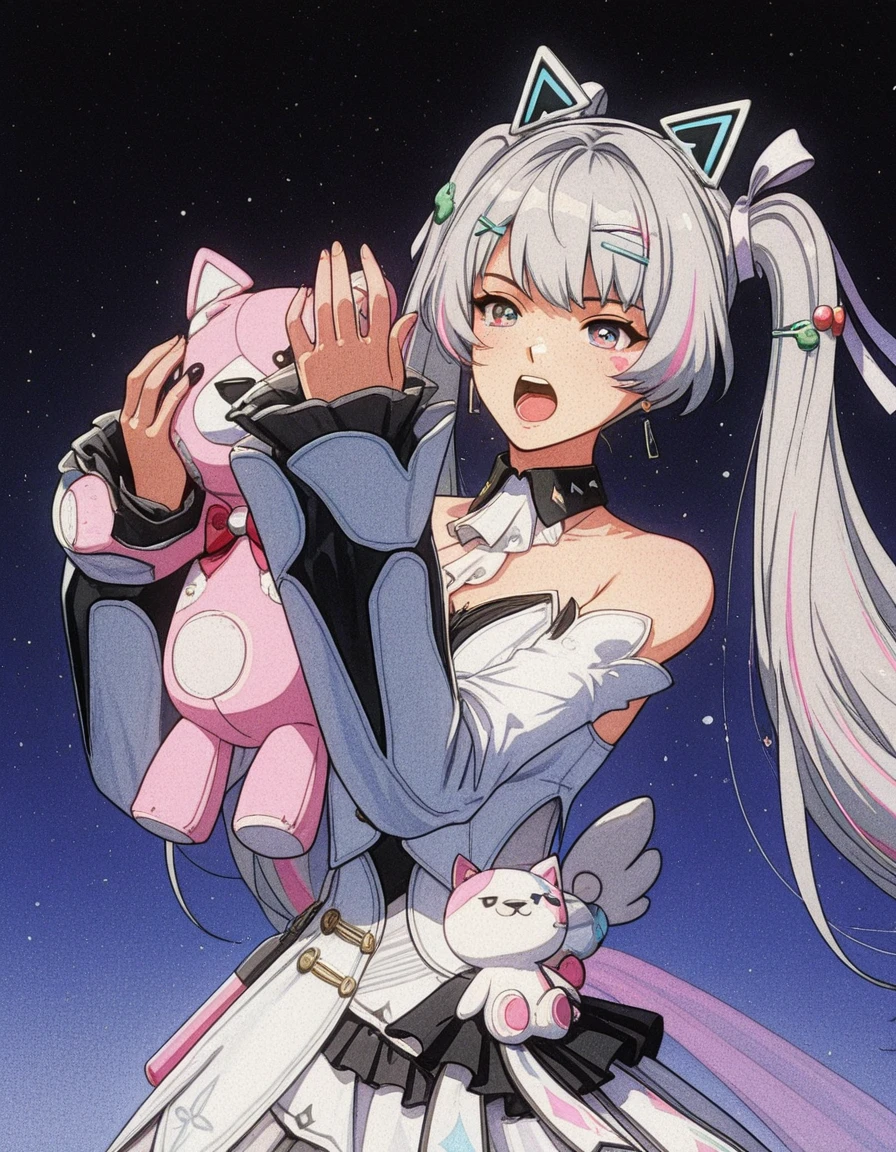 1girl,solo,dynamic pose,singing,
<lora:mai_pgr_karenina_blnh:0.7>,mai_pgr_karenina_blnh,long_hair,twintails,grey_hair,multicolored_hair,multicolored_eyes,hair_ornament,hairclip,fake_animal_ears,idol_clothes,detached_sleeves,detached_collar,white_dress,white_skirt,frilled_dress,stuffed_toy,
<lora:retro_scifi_artstyle:1>,retro_artstyle,