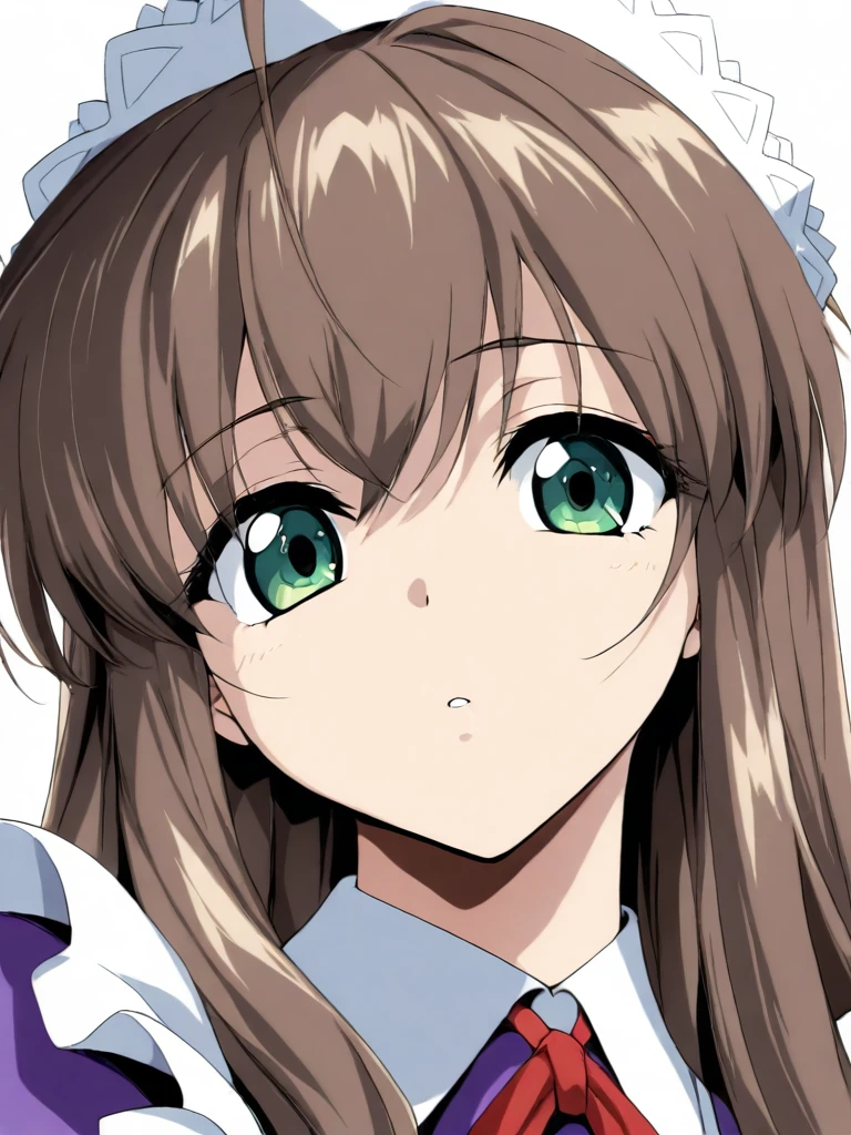 masterpiece,high score,great score,absurdres,looking at viewer,solo,portrait,white background,<lora:CharlotteVerlaine ag4o:1> charlotteverlaine, brown hair, long hair, green eyes,maid headdress,maid,
