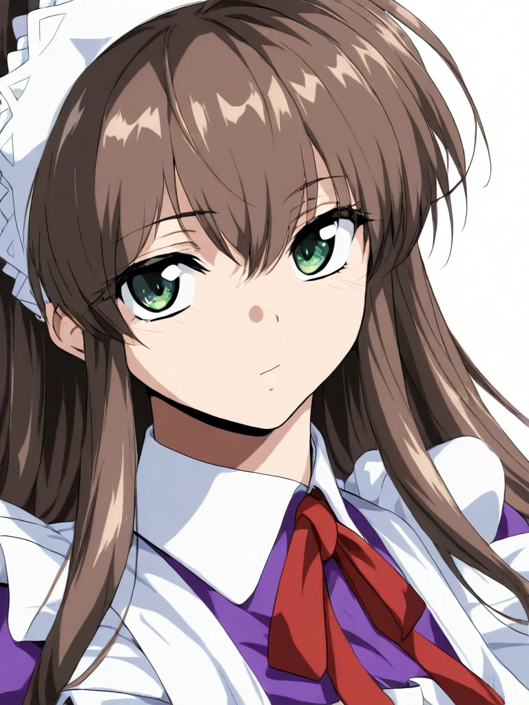 masterpiece,high score,great score,absurdres,looking at viewer,solo,portrait,white background,<lora:CharlotteVerlaine ag4o:1> charlotteverlaine, brown hair, long hair, green eyes,maid headdress,maid,
