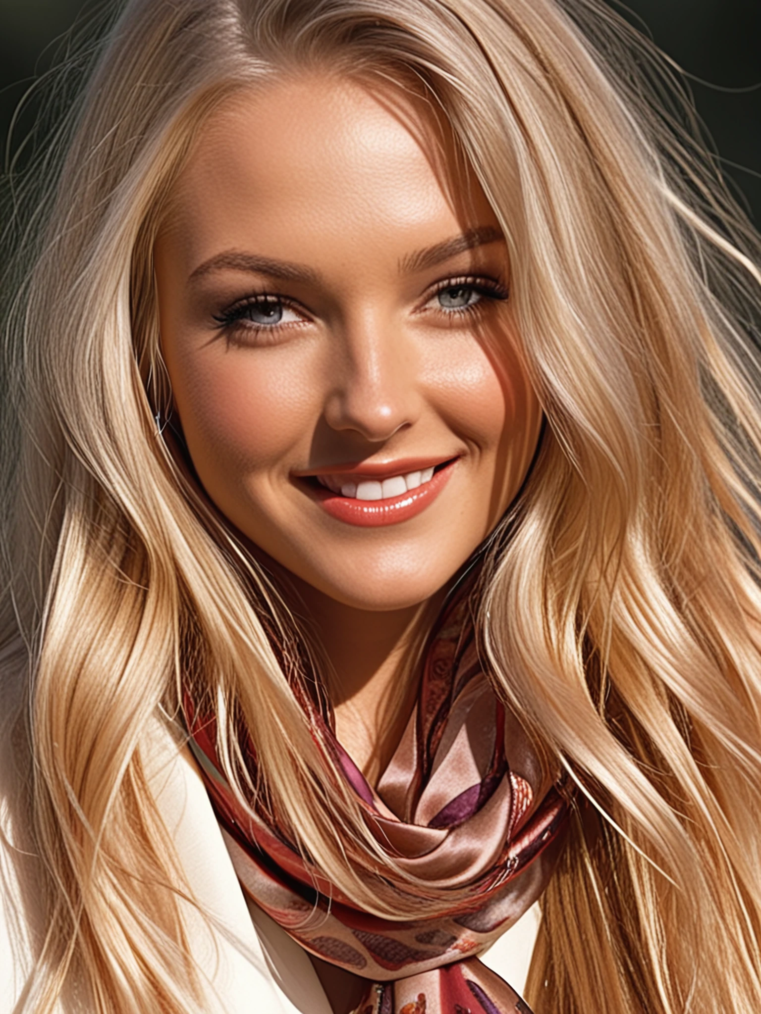 aptaddison, detailed face, smile, lipstick, long hair, messy hair, sunlight in hair, blonde, silk scarf