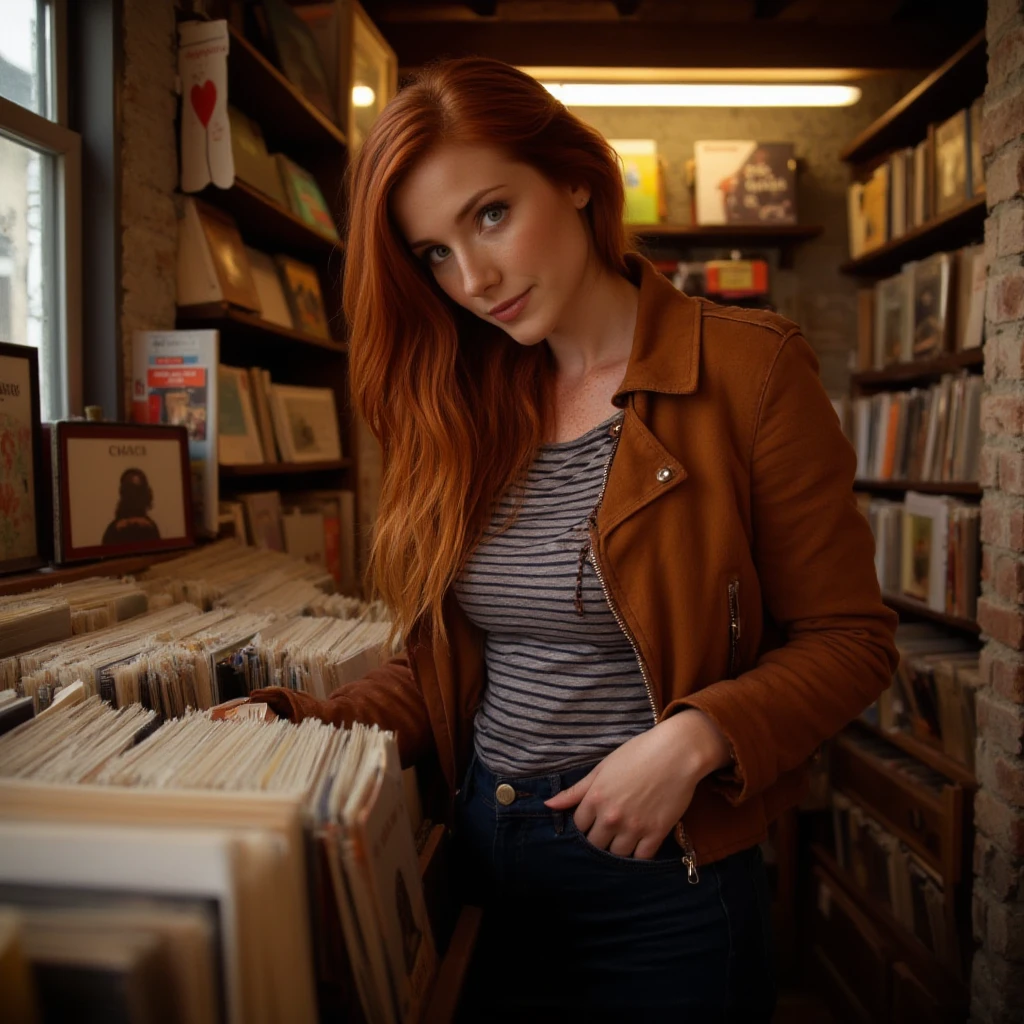 At a vintage record store, wearing a brown suede jacket over a striped shirt and dark denim jeans, browsing vinyl covers in warm nostalgic lighting, retro atmosphere, shelves filled with records

woman549, 24-year-old Irish woman, fair skin with freckles around the nose, long red hair, green eyes, medium size , slim figure, soft jawline