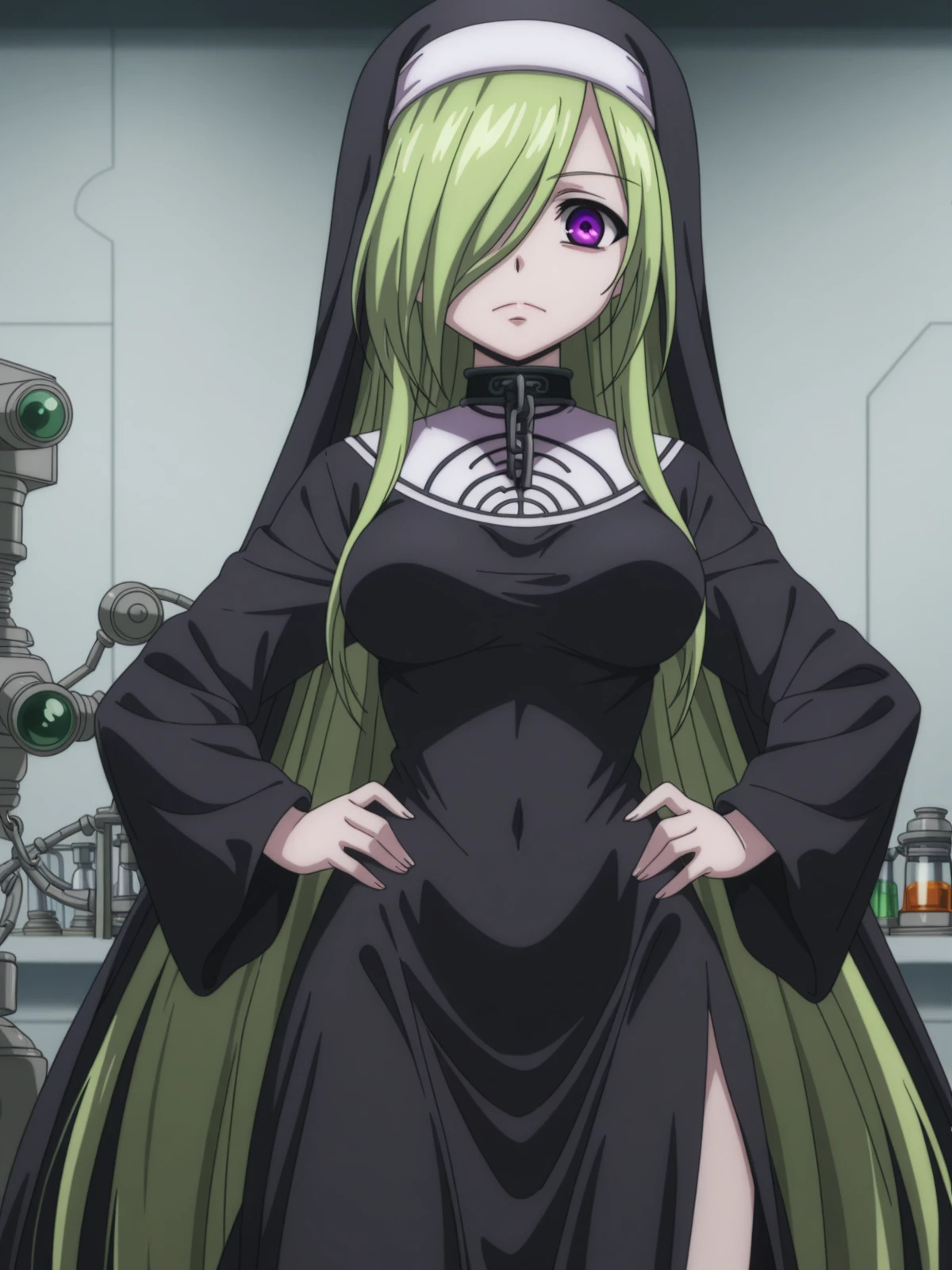 masterpiece, best quality, amazing quality,, <lora:otoshimono-chaos-s2-illustriousxl-lora-nochekaiser:1>, chaos, long hair, green hair, medium breasts, very long hair, purple eyes, hair over one eye, mature female, medium breasts, anime screencap, dress, collar, chain, nun, habit, <lora:kung-fu-illustriousxl-lora-nochekaiser:1>, kung fu, martial arts, training, fighting stance, cowboy shot, hands on own hips, laboratory, beakers, microscope, scientist, experiments, cowboy shot, solo, looking at viewer,