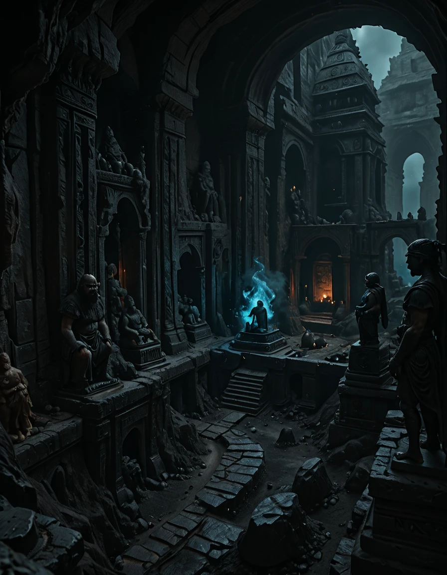 <lora:MW_Dwarven_p1ill:1> MWD01D, masterpiece, absurdres, 8k, insanely detailed, sharp focus, pitch black, very dark, in a huge dark underground carvern, old bridges over an endless foggy precipice, carved rocky walls and cracked rocky stone columns, blue fire faint torches, above the shoulder view, worn dusty statue silhouette of an old dwarf warrior on the side, ancient carved dwarven architecture, dusty, lost forgotten ambiance, shadows in the dark, lots of mist, multi levels,