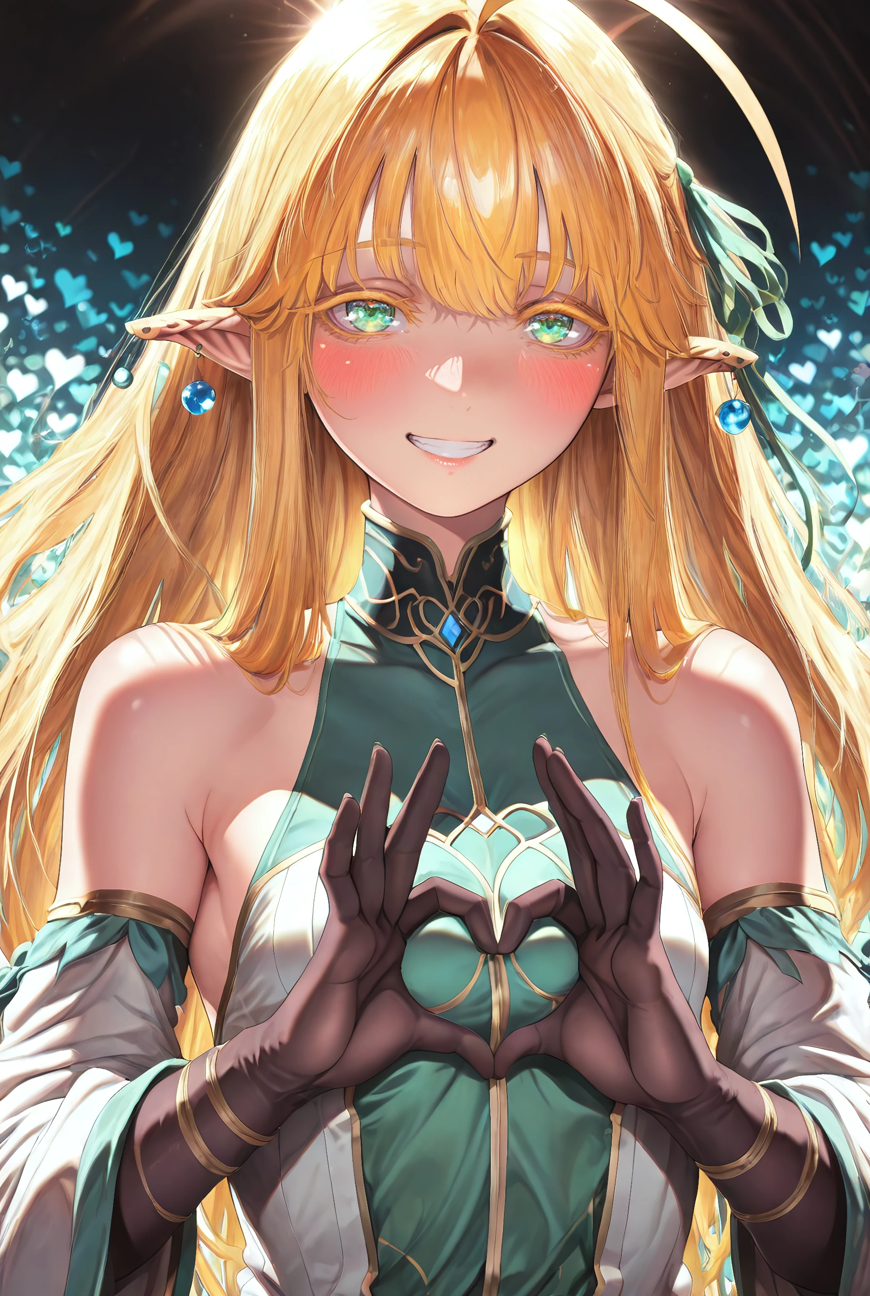 (Dark, mist, shadows, backlighting,), cinematic, volumetric lighting,absurdres,masterpiece, best quality, amazing quality, very aesthetic, (solo:1.2), (Tia, elf, petite, blonde hair, long hair, ahoge, big eyes, pointy ears, green eyes, colored eyelashes, hair ribbon, small breasts, earrings, looking at viewer, happy, blush, half closed eyes, heart gesture, grin, detached sleeves, bare shoulders, gloves), girl, solo focus, portrait, strait on, dynamic pose, upper body shot, heart background, tilted head:1.2, perfect hands, hearts background