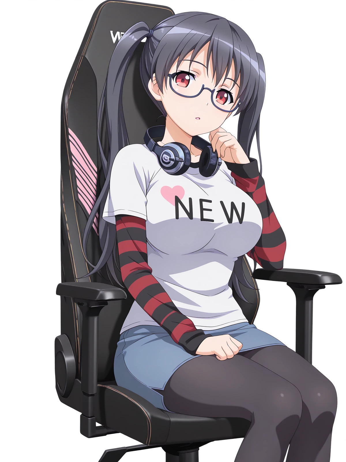 masterpiece, best quality, amazing quality,, <lora:iori-kousaka-ova-illustriousxl-lora-nochekaiser:1>, iori kousaka, black hair, twintails, glasses, red eyes, mature female, large breasts, anime screencap, skirt, thighhighs, pantyhose, striped sleeves, shirt, headphones, t-shirt, clothes writing, semi-rimless eyewear, headphones around neck, raglan sleeves,, <lora:secretlab-chair-illustriousxl-lora-nochekaiser:1>, secretlab chair, chair, office chair, gaming chair, sitting, feet out of frame, elbow rest, water, lake, river, waterfall, natural, cowboy shot, solo, looking at viewer, <lora:transparent-background-illustriousxl-lora-nochekaiser:1>, transparent background, simple background, white background