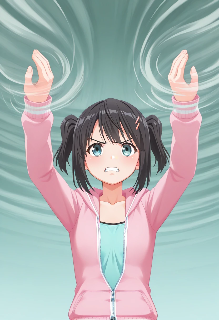 kamizunaarashi, arms up, spinning hands, wind, tornado, 2d, anime_screencap, source_anime, 1girl, solo, mmdgocIL, black hair, short hair, hairclip, two side up, grey eyes, hoodie, open hoodie, hood down, shirt, short shorts, clenched teeth, upper body,