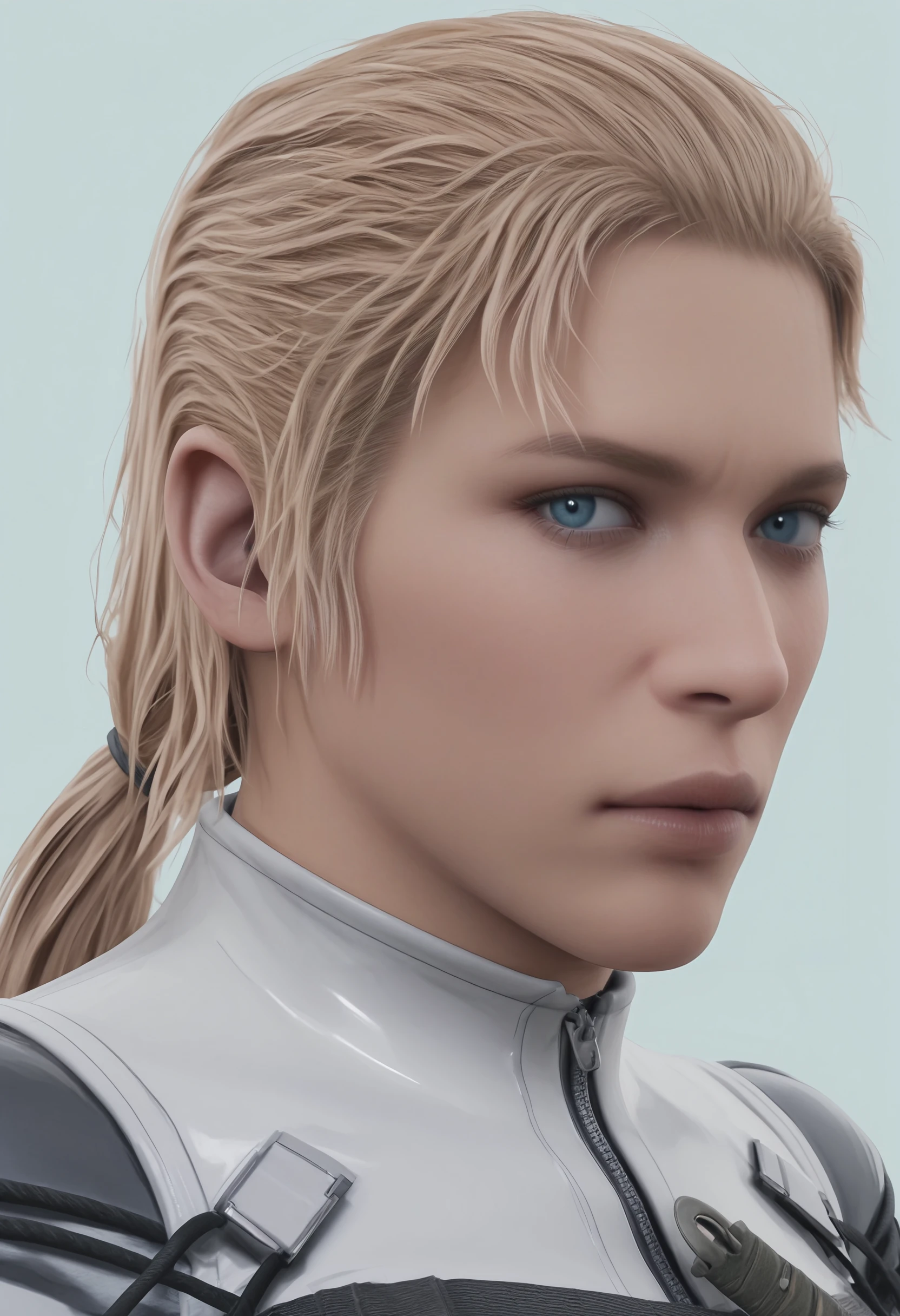 masterpiece, best quality, amazing quality, very aesthetic, absurdres, newest,  <lora:TheBossILf:1.2> thbilf, blonde hair, ponytail, blue eyes, bodysuit, looking at viewer, portrait, 
 light blue background, simple background,